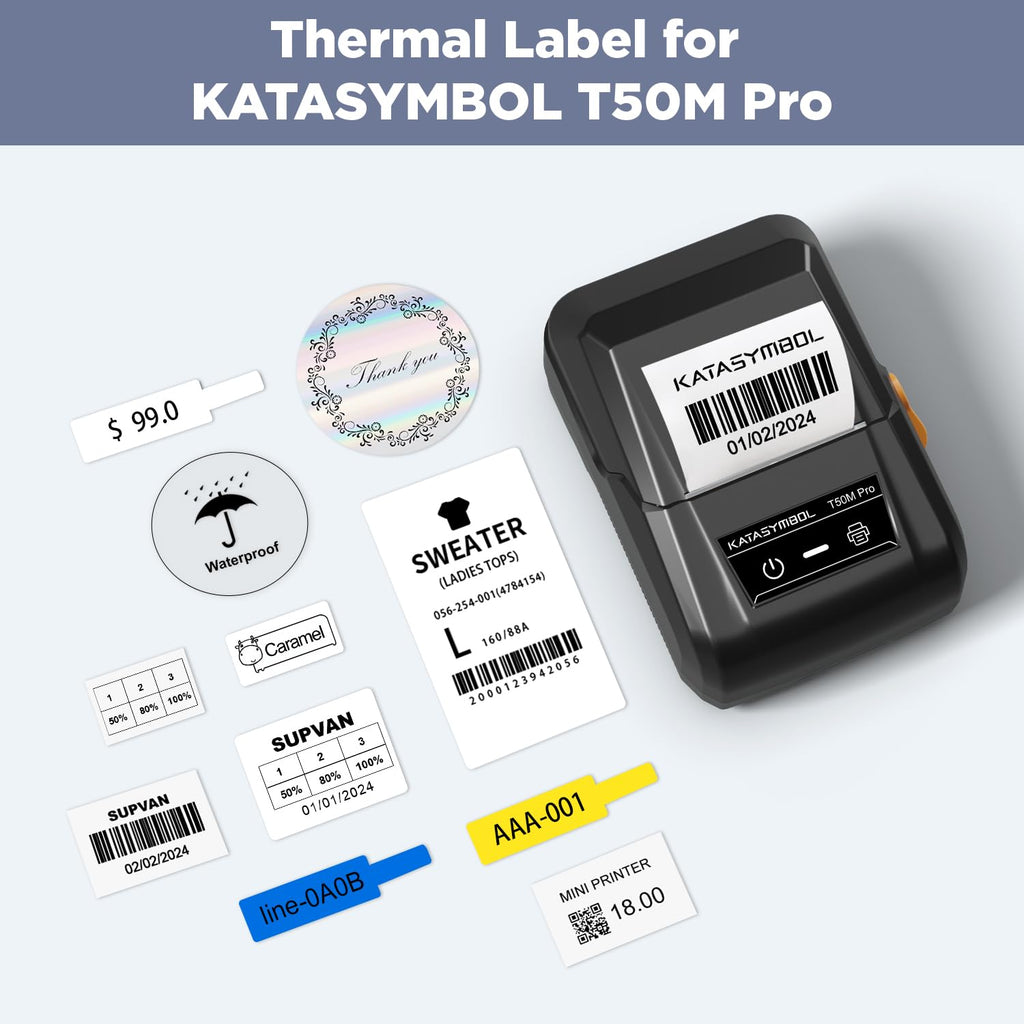 SUPVAN T50M Series Label Maker Tape, 2 Rolls Round Size Φ 50mm 140 Labels/Roll Genuine Laminated Thermal Label Tape Refill, Waterproof Oilproof Highly Adhesive Auto Detect Labels, Black on White