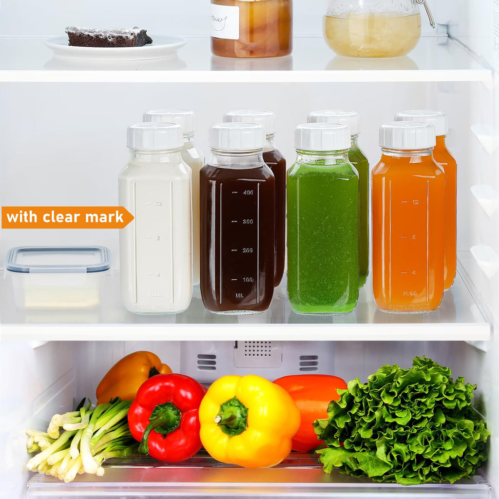 4 Pack 16 Oz Square Glass Bottles with A Silicone Dispenser Cap, Juice Bottles with Airtight Screw Lid, Glass Water Bottles with Capacity Marks, Milk Container for Fridge