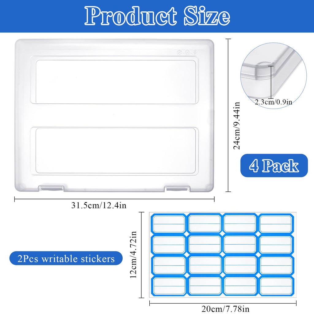 Akamino 4 Pack Clear A4 File Plastic Boxes, Portable Project Case Document Magazines Storage Organizer with Hinged Lids, Paper Protector for Letter Scrapbook Office School Supplies,2 Pcs Label Sticker