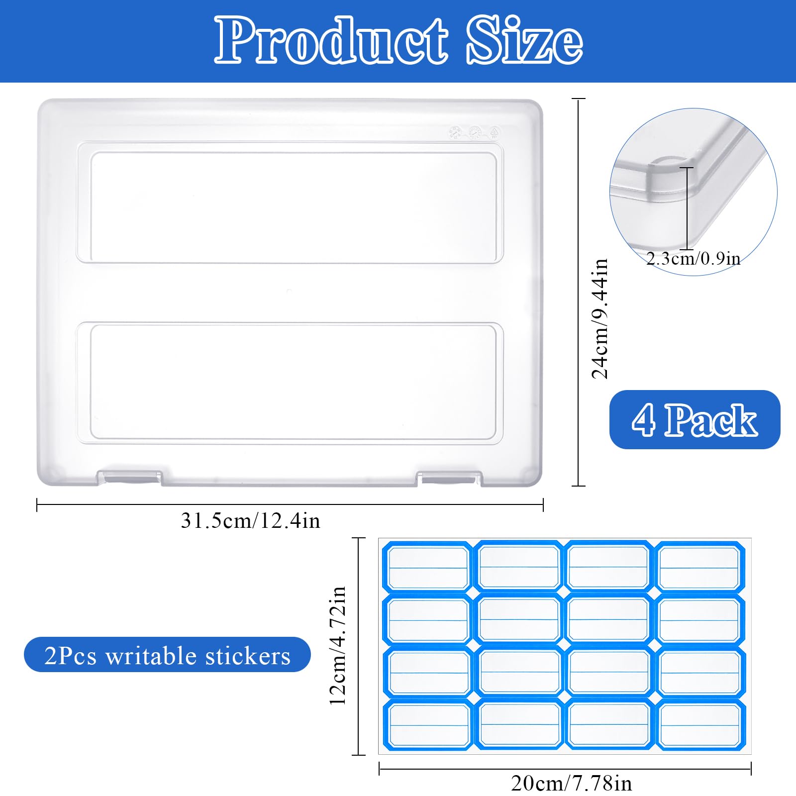 Akamino 4 Pack Clear A4 File Plastic Boxes, Portable Project Case Document Magazines Storage Organizer with Hinged Lids, Paper Protector for Letter Scrapbook Office School Supplies,2 Pcs Label Sticker