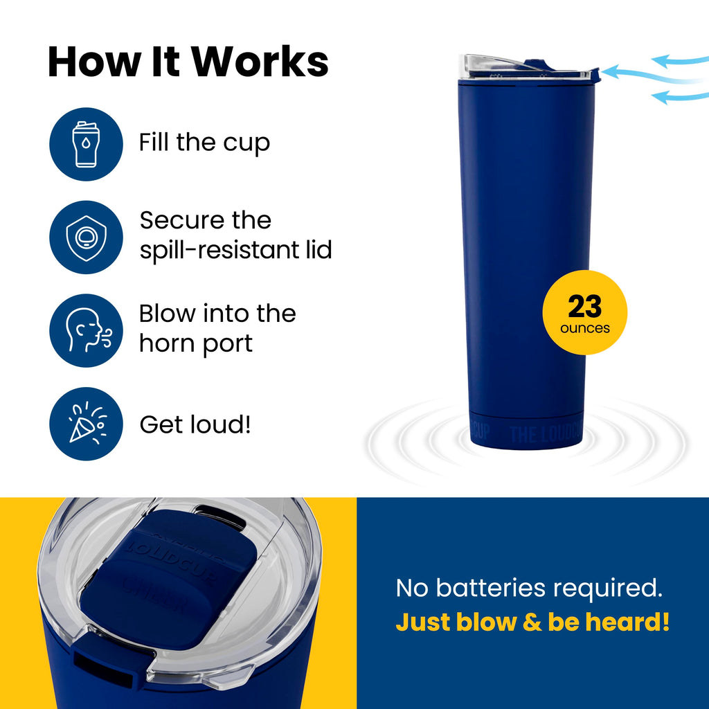 The LoudCup Blow Horn Tumbler, 2-in-1 Cheer & Sip Reusable Water Bottle with Built-In Horn for Sports Games, Tailgates & Parties, BPA-Free, 23 oz, Classic Navy
