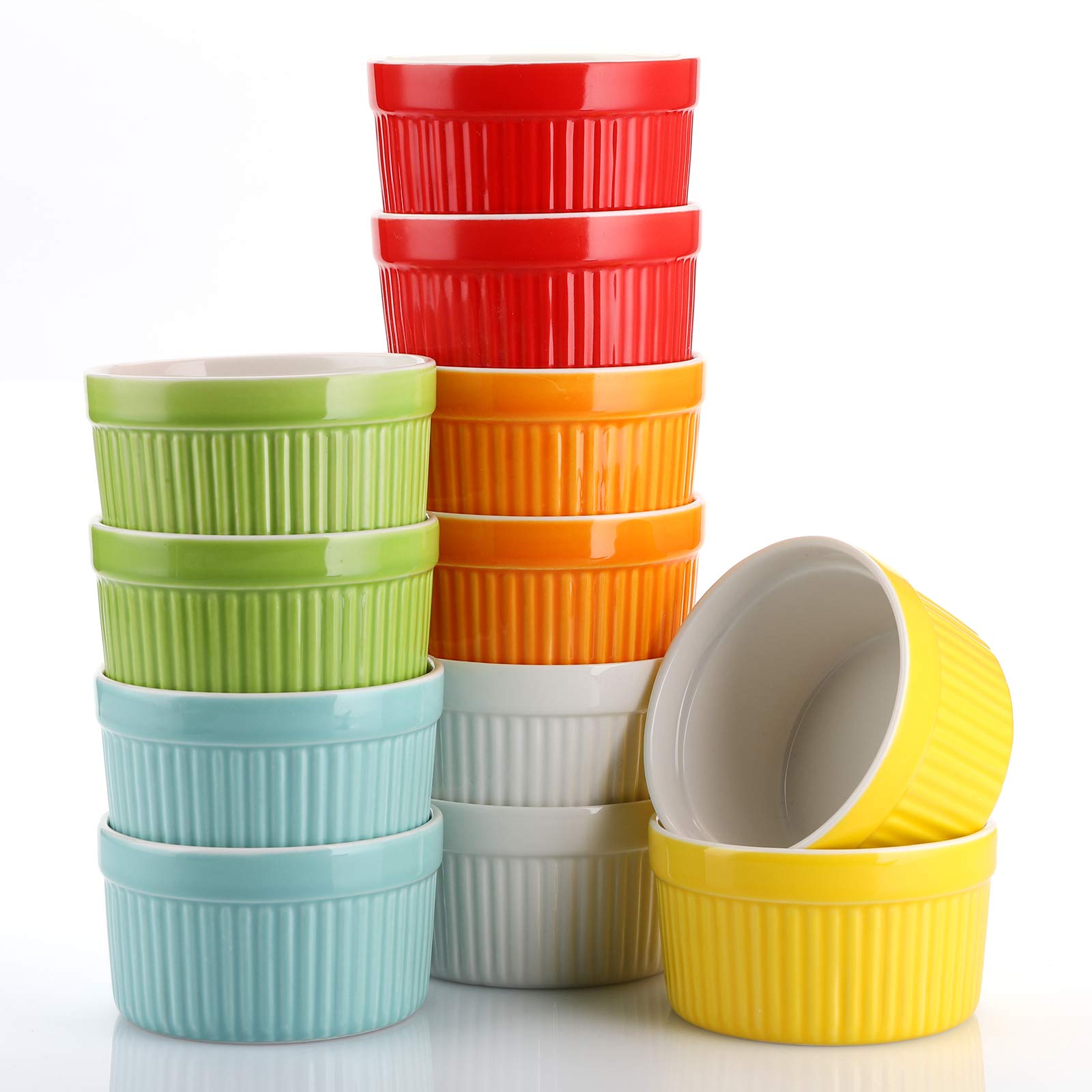 Foraineam 12 Pack 6 oz Ramekins Bakeware 6 Colors Porcelain Souffle Dishes Dessert Custard Baking Cups for Souffle, Creme Brulee and Ice Cream
