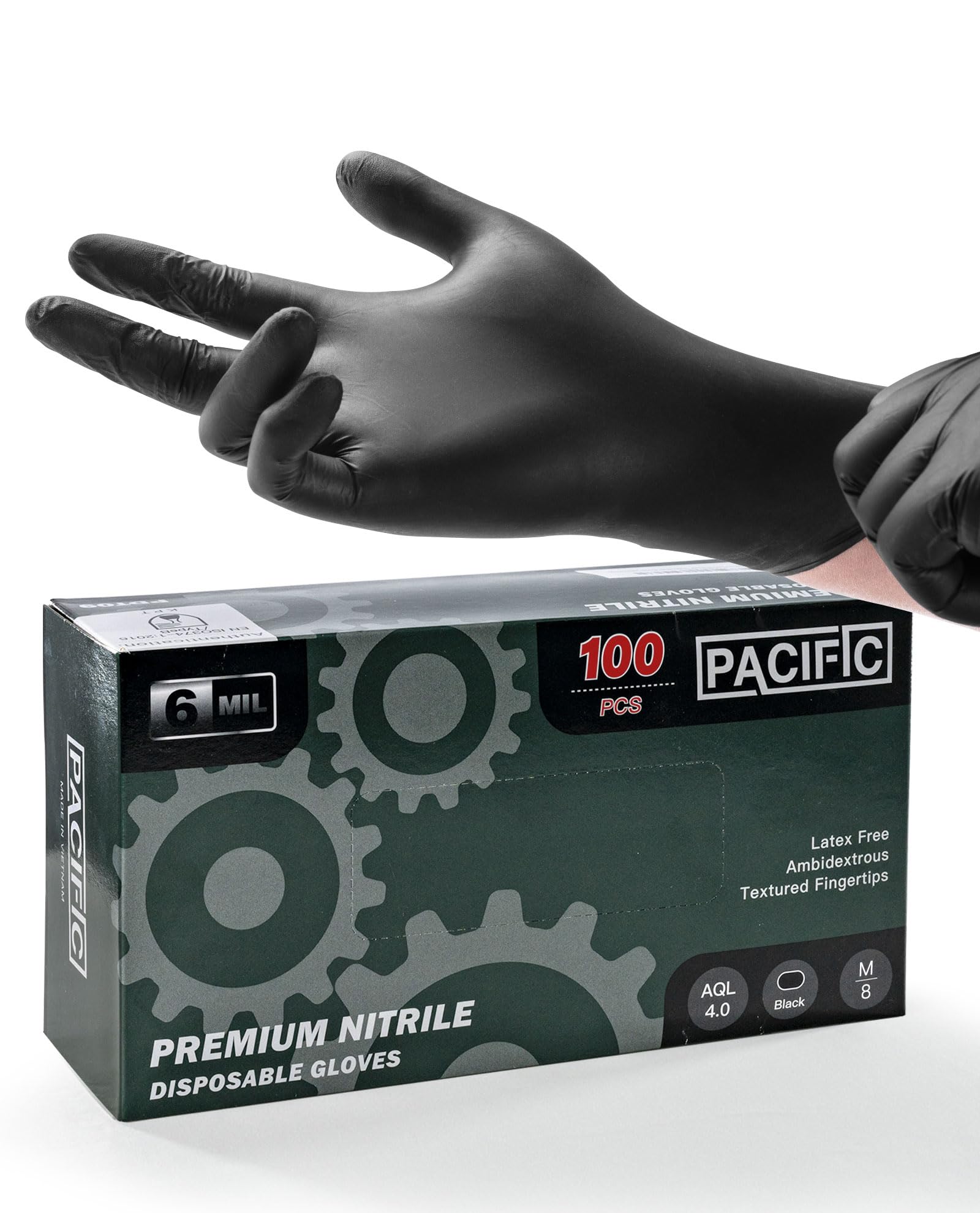 PACIFIC PPE 6-mil Black Nitrile Disposable Gloves, Food-Safe, Cooking & Cleaning, Powder-Free, Heavy-Duty, Textured Fingertips, Latex-Free, 100 Count, Medium