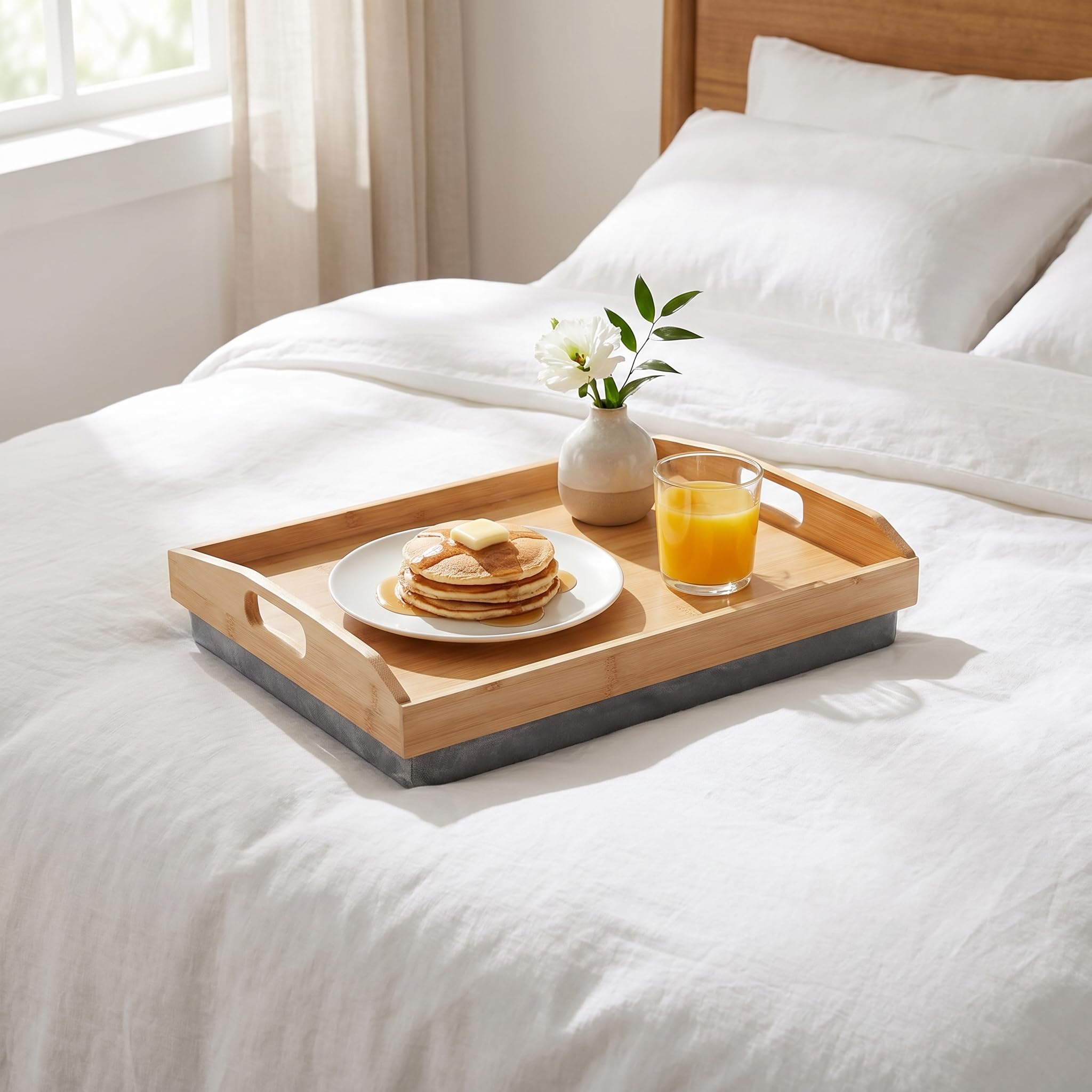 Cedilis Bamboo Lap Tray with Detachable Pillow, 16.9 x13 in Serving Tray with Handles, Bed Tray for Eating, Breakfast Tray, Dinner Food Trays