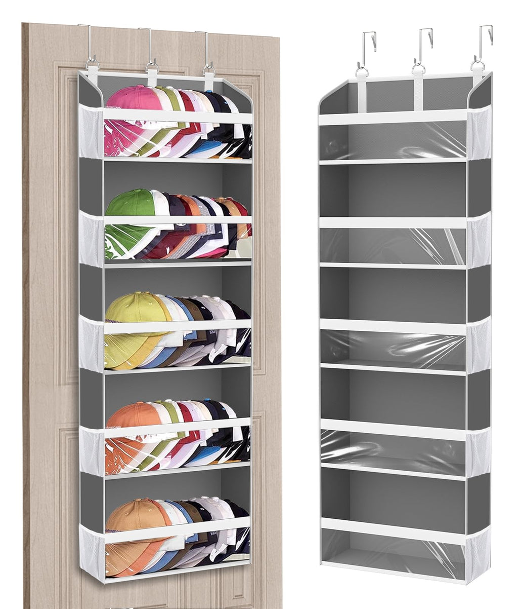 KYEVIS Over The Door Hat Rack for Baseball Caps, Hold up to 60 Hats Organizer Storage for Closet Wall, Clear Hanging Hat Holder with 10 Mesh Pockets