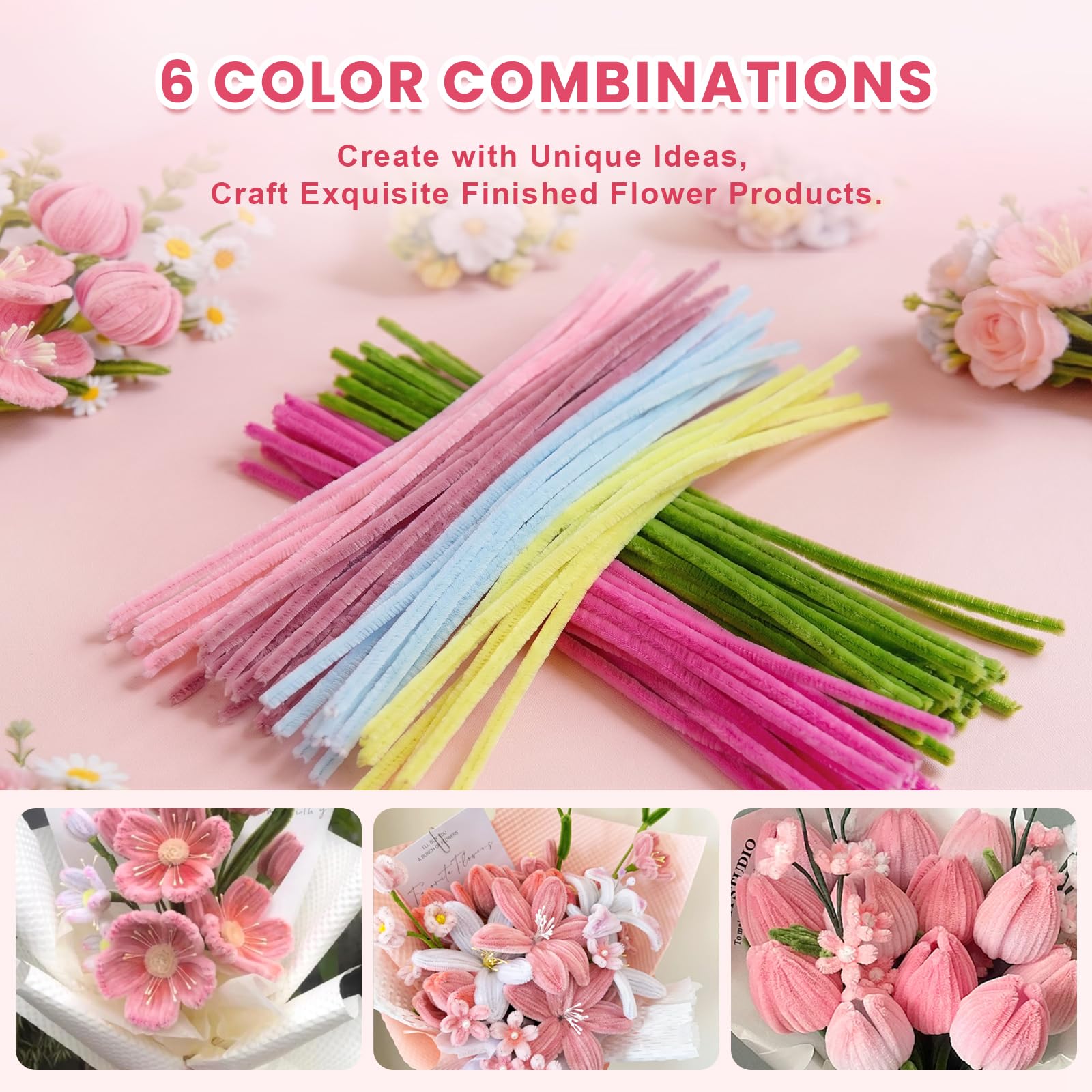 600 PCS Pipe Cleaners Craft, 6 Colors Pipe Cleaner Bulk Flower Kit, Chenille Stems Bulk with Floral Wires, Gardening Tape, Stamen, Wrapping Paper & Ribbon, DIY Art and Craft Supplies - Pink Gradient