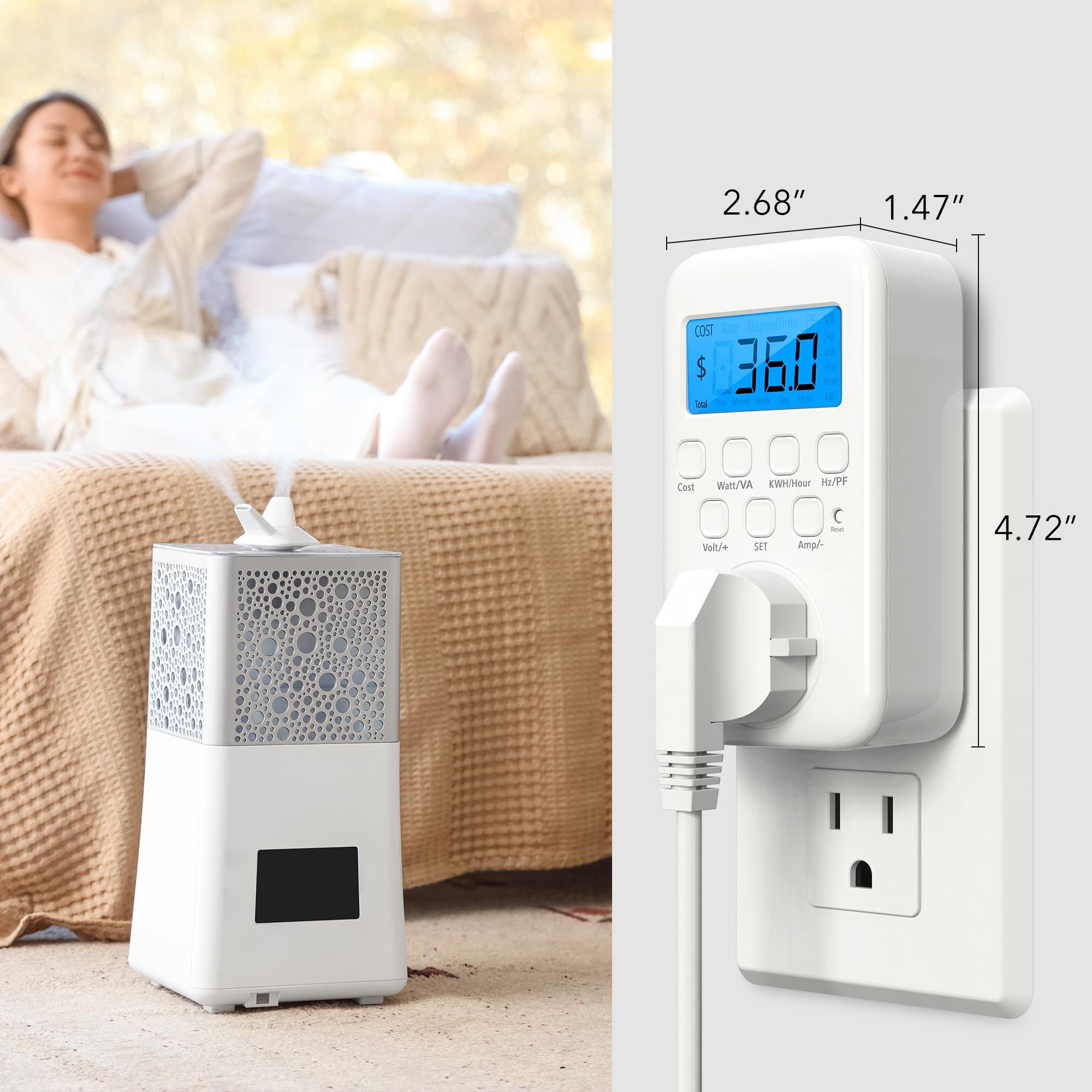 HBN Electricity Usage Monitor LCD Plug in Power Meter Digital Cost Watt/VA KWH/Hour Hz/PH Voltage Amp Meter with Backlight, 9 Display Modes for Energy Saving, Power Consumption Monitor