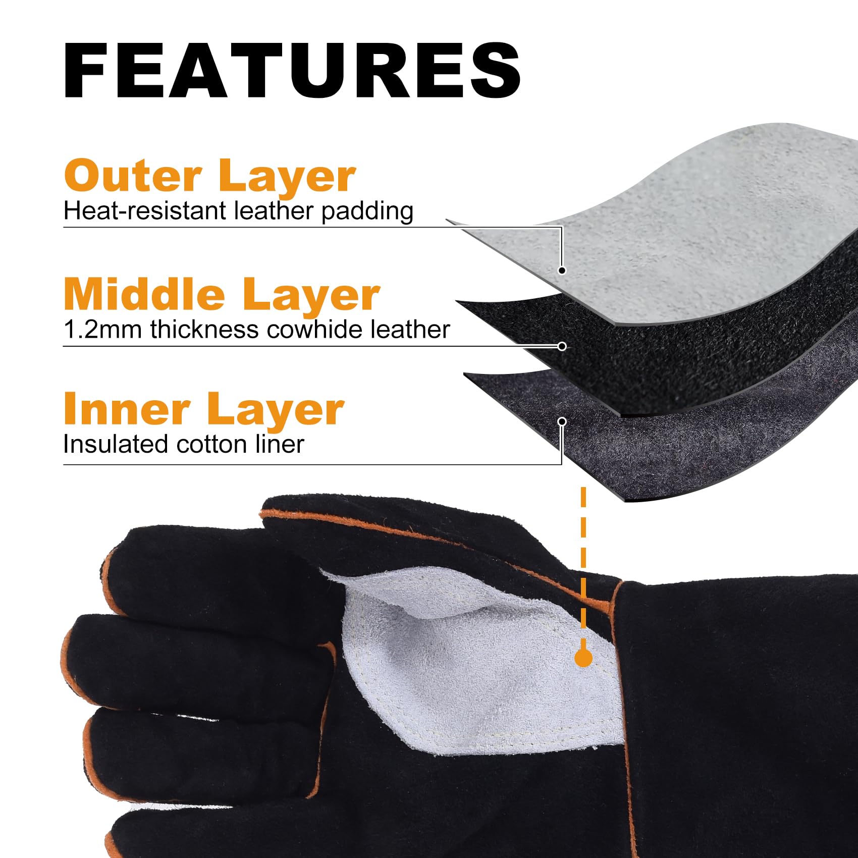 TOPDC Welding Gloves 14 Inches Fire/Heat Resistant Leather For Mig,Tig,Stick,Forge,BBQ,Grill, Fireplace,Wood Stove, Furnace,Pot,Oven