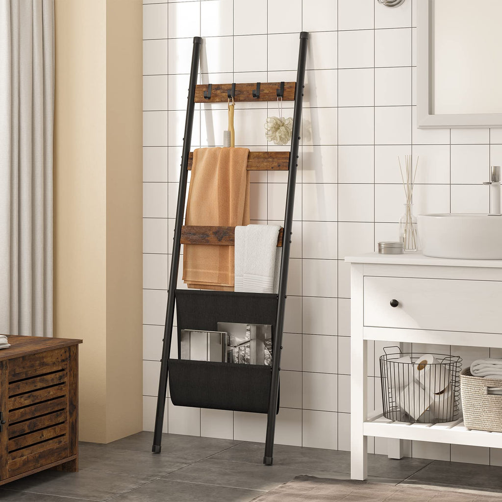 HOOBRO Blanket Ladder, 5 Tier Ladder Shelf, Wall-Leaning Blanket Rack with 4 Removable Hooks and Storage Pocket, Towel Drying and Display Rack for Bathroom, Bedroom, Rustic Brown BF32CJ01