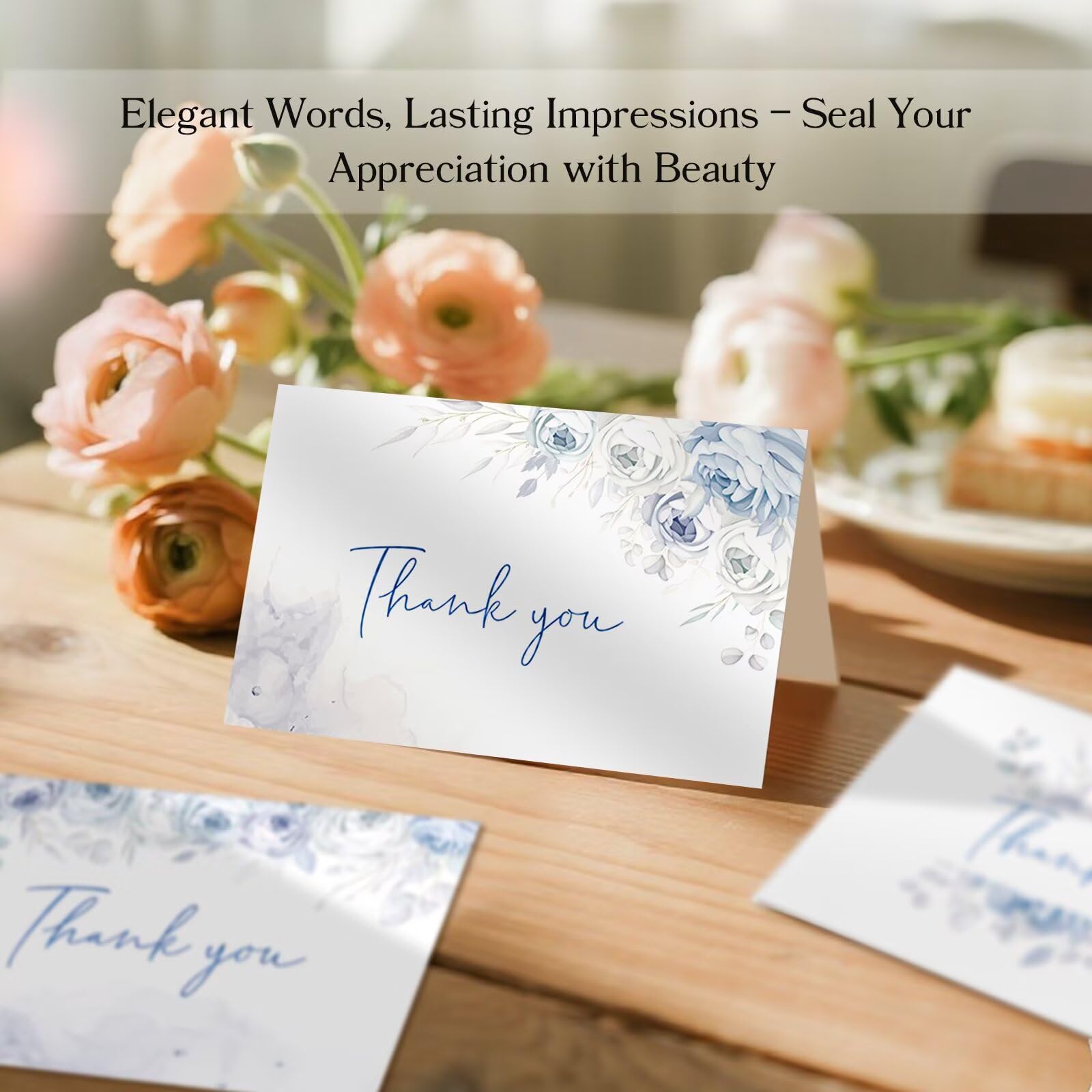 Oaken Leaford 48 Pack Pre-Folded Floral Thank You Cards with Envelopes & Stickers, 6 Elegant Flower Designs for Wedding, Baby Shower, Teacher Gifts(Blue Floral)