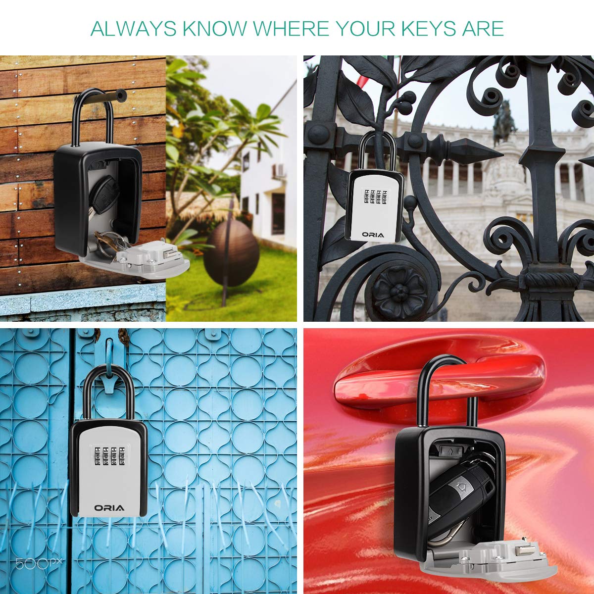 ORIA Key Lock Box, Lock Box for Keys Outdoor with Combination, Shackle, Weatherproof, for House, Hotel or Car - BlackSilver