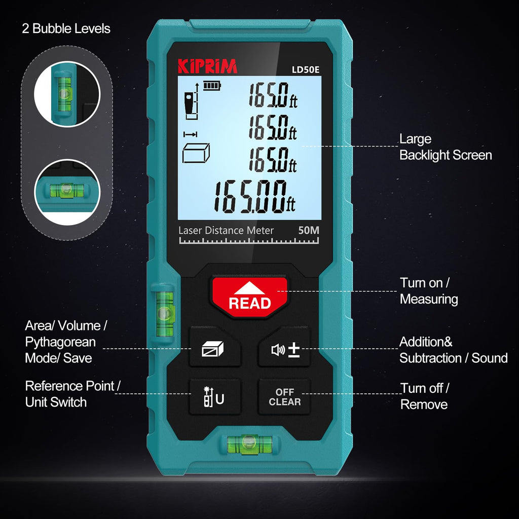 Kiprim Laser Distance Measure High Accuracy 50M LD50E Laser Tape Measure 165ft Compact Laser Measurement Tool with Larger Backlit LCD Display,ft/m/in Switching,Bubble Level