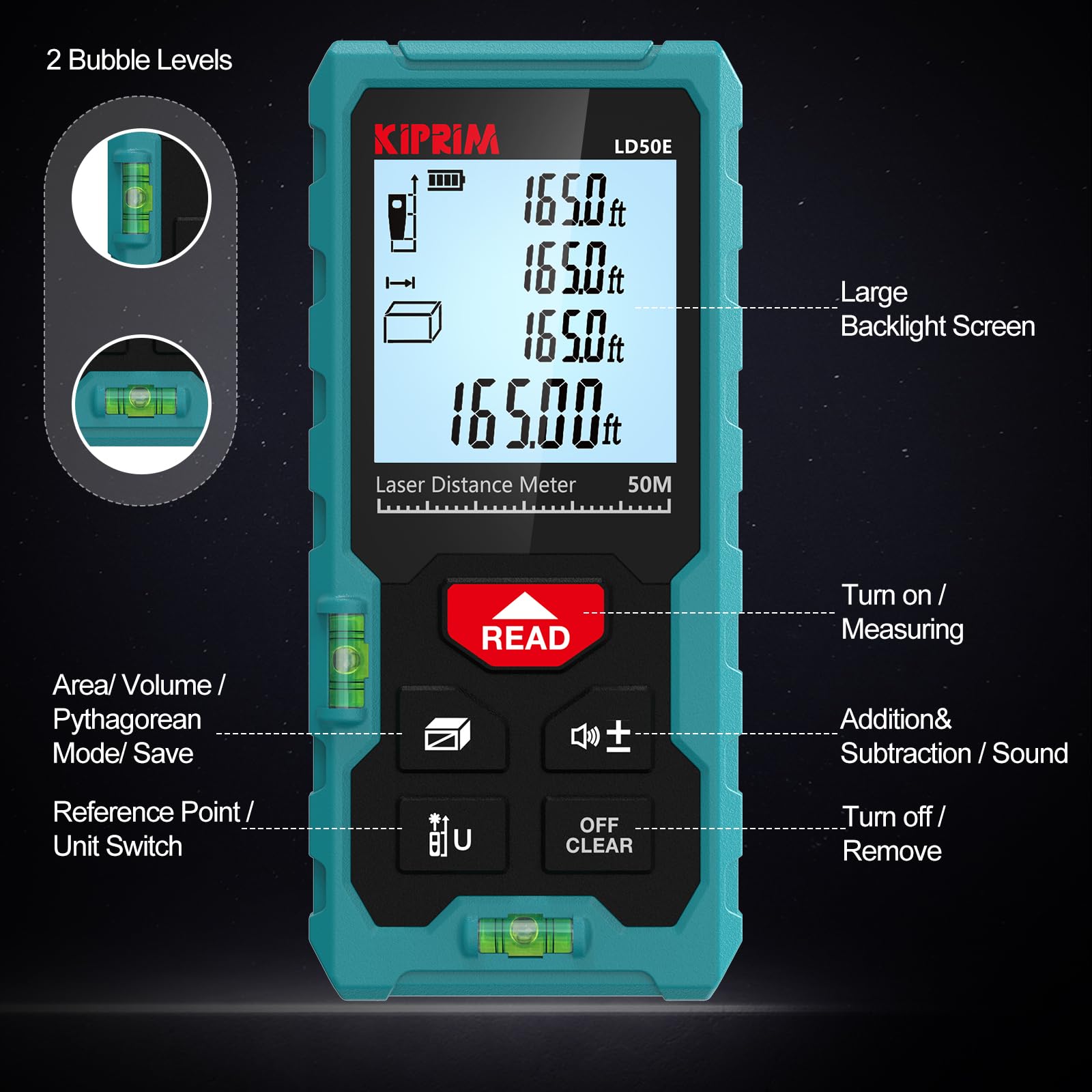 Kiprim Laser Distance Measure High Accuracy 50M LD50E Laser Tape Measure 165ft Compact Laser Measurement Tool with Larger Backlit LCD Display,ft/m/in Switching,Bubble Level