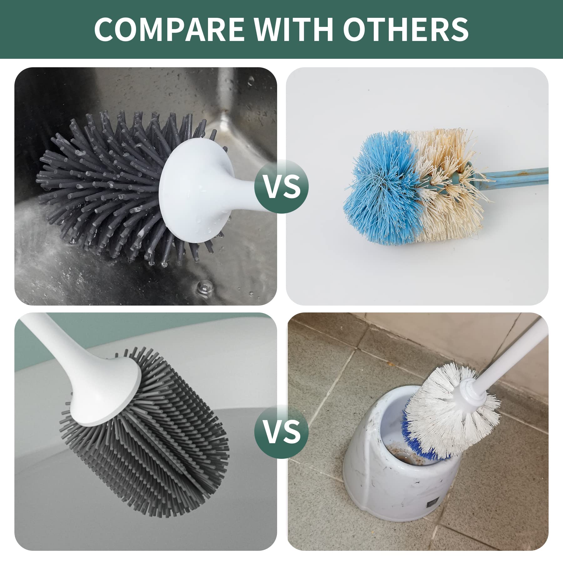 Hibbent Toilet Brush with Ventilated Drying Holder, Silicone Toilet Bowl Brush Bathroom Cleaning Bowl Brush Kit Sturdy Cleaning Toilet Brush, Floor Standing & Wall Mounted Without Drilling, Black