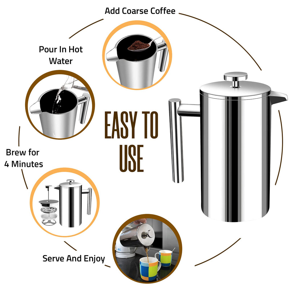 KICHLY 34 OZ French Press, Stainless Steel Double Walled Insulated Coffee Press with Refined Filters, Espresso and Tea Maker - Silver