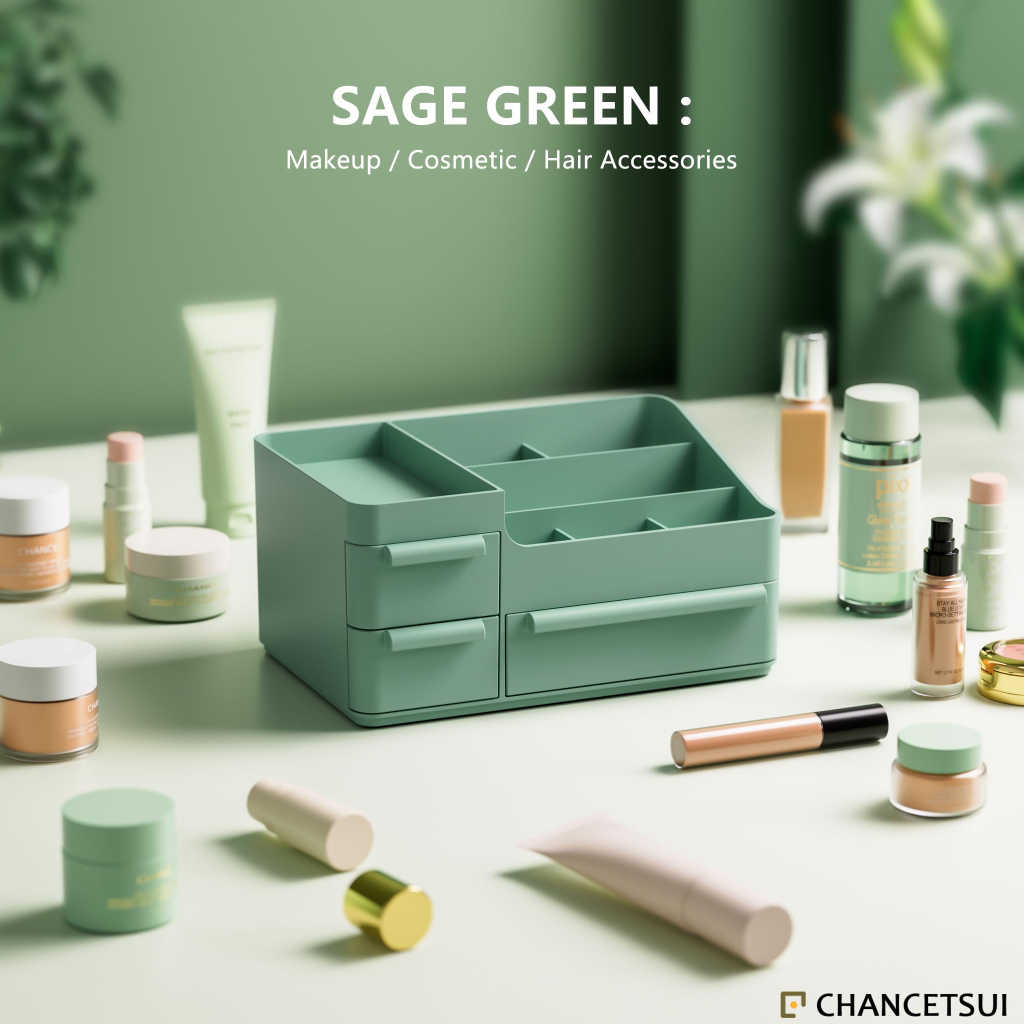 Makeup Organizer With Drawers, Countertop Organizer for Cosmetics, Vanity Holder for Lipstick, Brushes, Lotions, Eyeshadow, Nail Polish and Jewelry (Green)