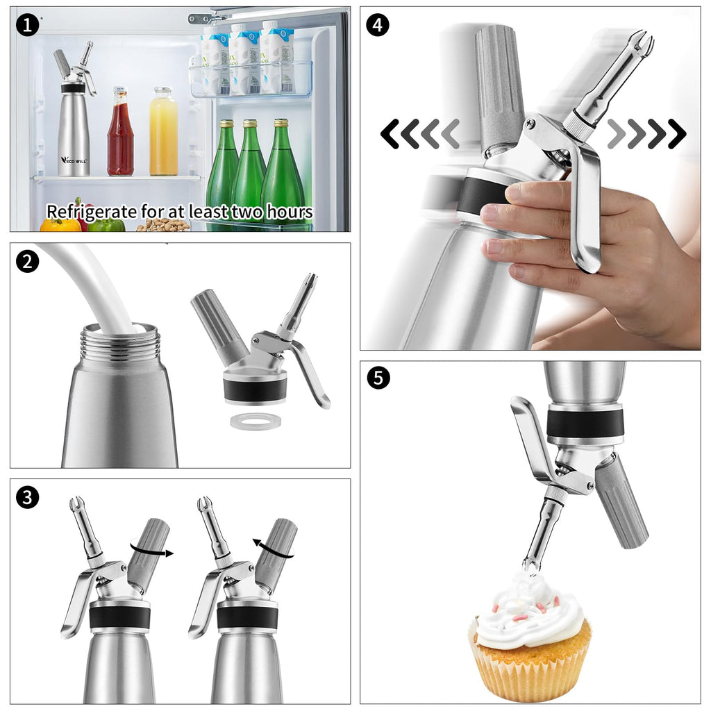 ECO-WILL Professional Whipped Cream Dispenser, Durable Aluminum Cream Whipper with 2 Sets of Stainless Steel and Plastic Tips & Cleaning Brush,1-Pint / 500 mL