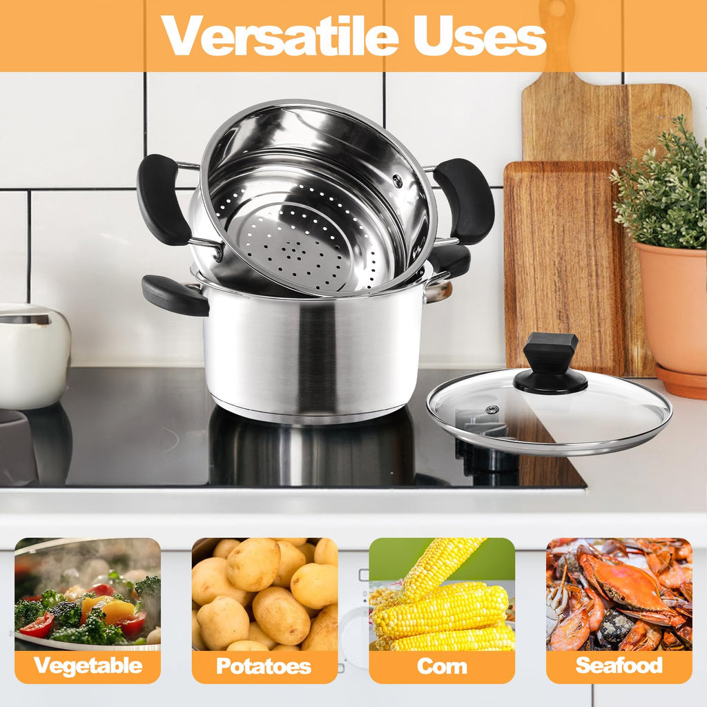 ZENFUN 1.8 Quart Stainless Steel Steamer Pot with Basket, Stock Pot with Glass Lid, Mini Steaming Pot Cookware with Handle, Metal Cooking Steamer for Vegetable, Stews, Pasta, Sauce, Individual-use