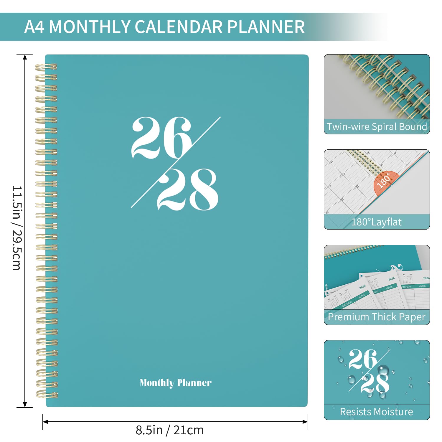 Monthly Planner 2026-2028, 36 Months Calendar Planner 2026-2028 Coated Colour Tabs, from Jan 2026 – Dec 2028, A4 (8.5'' x 11'') with Ruled Spread, Hardcover, Spiral Wirebound, Holidays, Notes