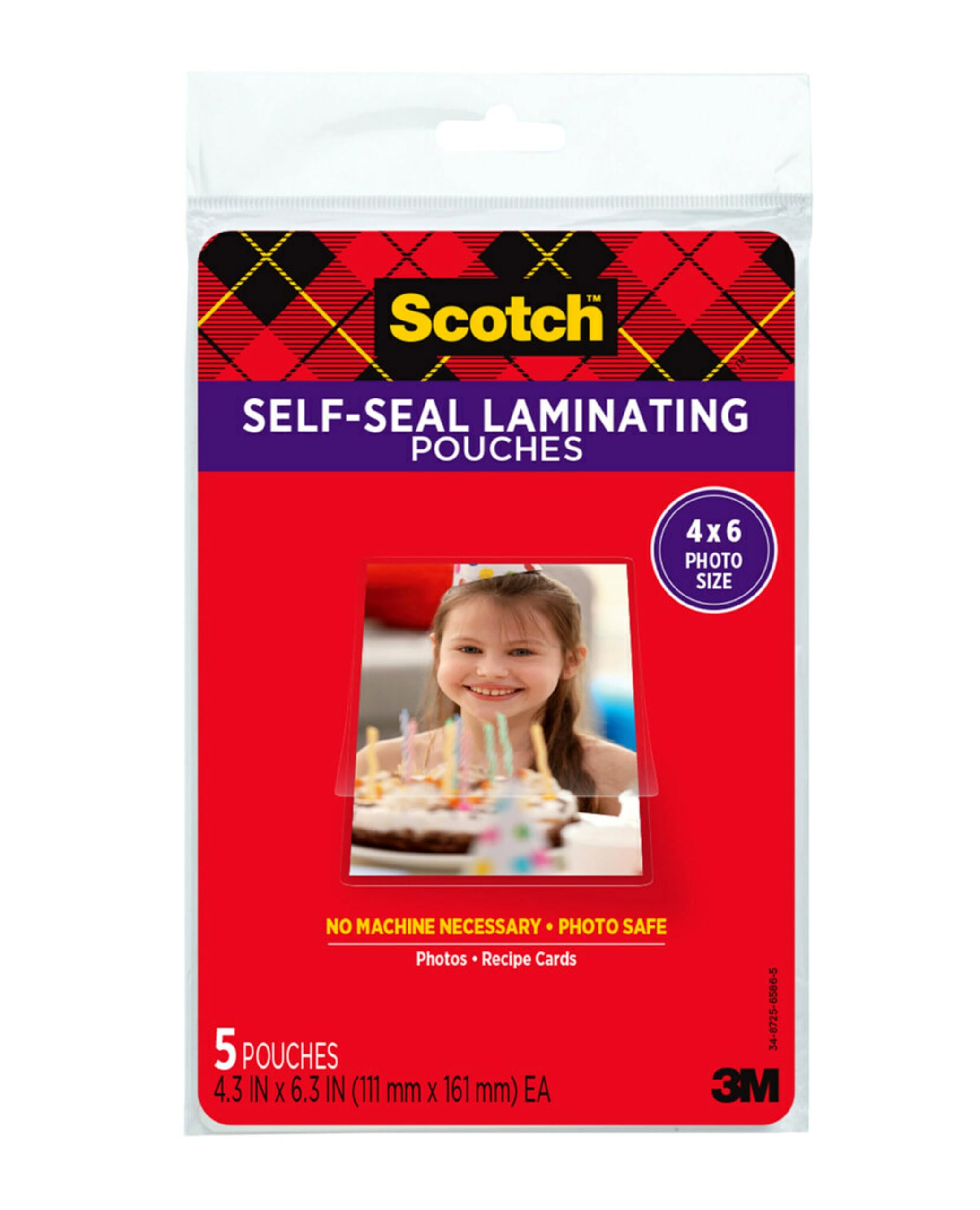 Scotch Self-Sealing Laminating Pouches, Glossy Finish, 4 3/8 x 6 3/8 Inches, 5 Pouches per pack, 3-PACK