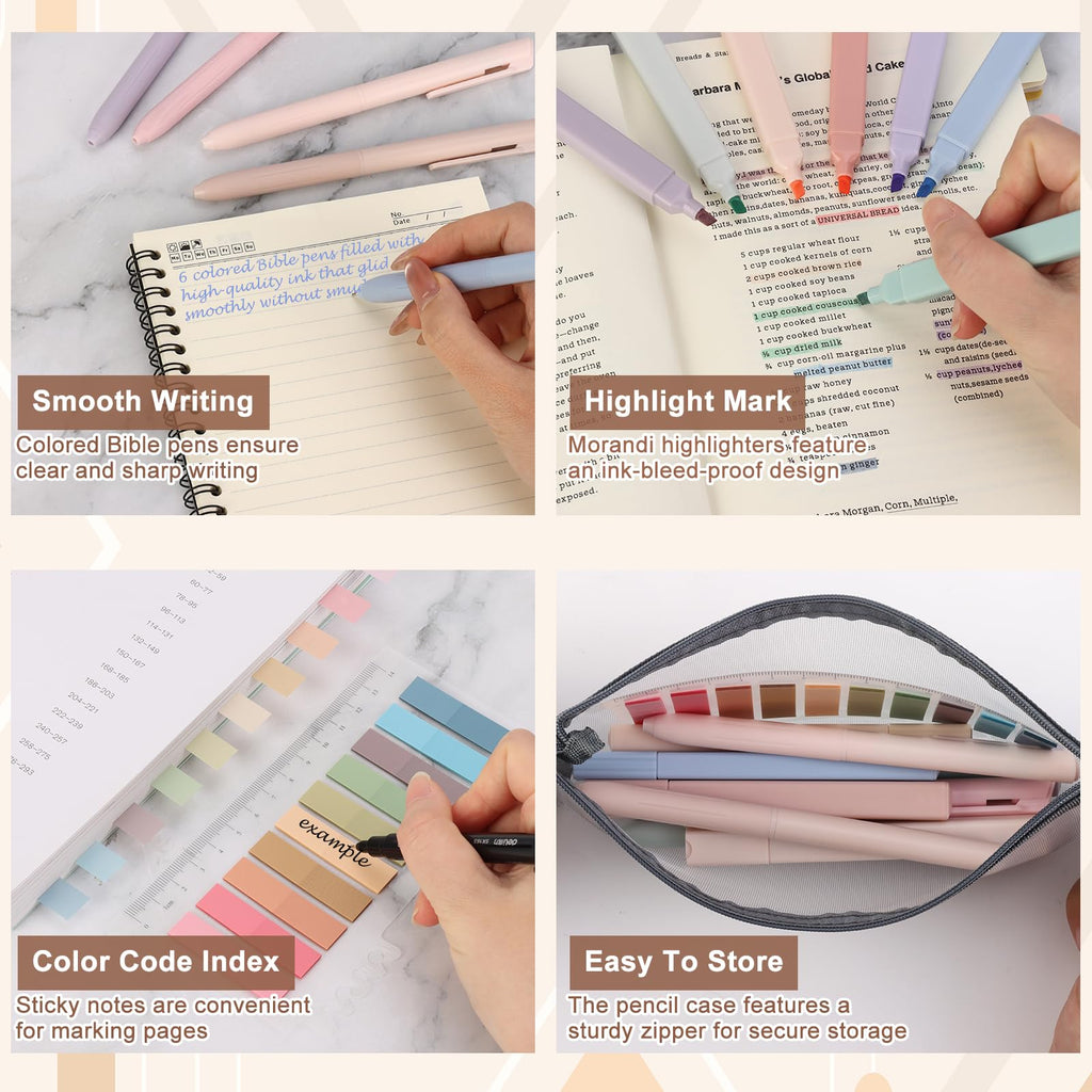 34 Pcs Bible Journaling Kit Bible Study Supplies with 75 Bible Tabs 12 Pastel No Bleed Highlighters 6 Gel Pens Transparent Sticky Notes Pencil Case Bible Study Accessories Kit for Journaling Supplies