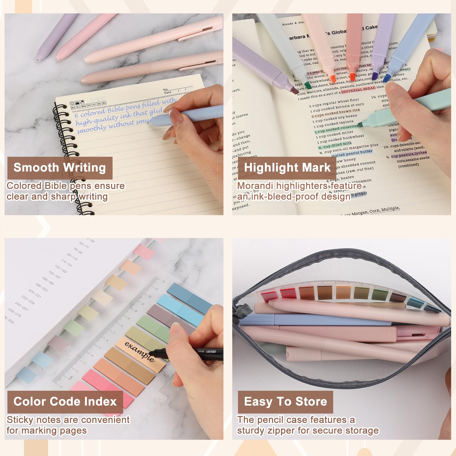 34 Pcs Bible Journaling Kit Bible Study Supplies with 75 Bible Tabs 12 Pastel No Bleed Highlighters 6 Gel Pens Transparent Sticky Notes Pencil Case Bible Study Accessories Kit for Journaling Supplies