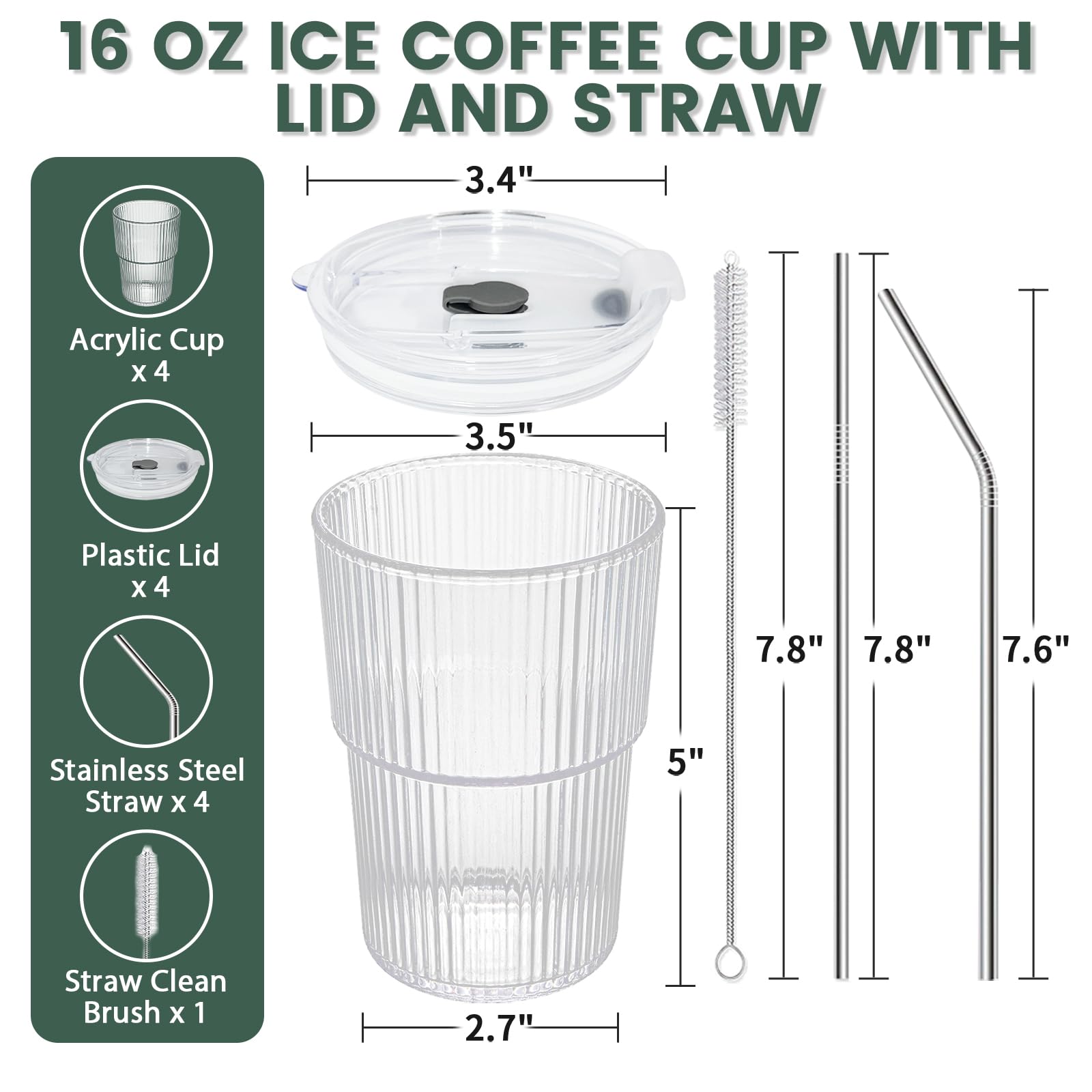 HIGIINC Iced Coffee Cups with Lids and Straws 4 Pcs, 16 OZ Unbreakable Glasses Drinking Set,Clear Plastic Cups Reusable Iced Coffee Tumbler with Lid and Straw, on The Go Coffee Cups Dishwasher Safe