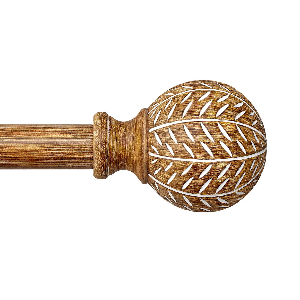 QDWIS Wood Curtain Rods for Windows 48 to 84 Inch,1'' Diameter Drapery Rods with Imitation Wood Grain Leaf Pattern Finials,Boho Adjustable Heavy Duty Curtain Rods Set,36-88''