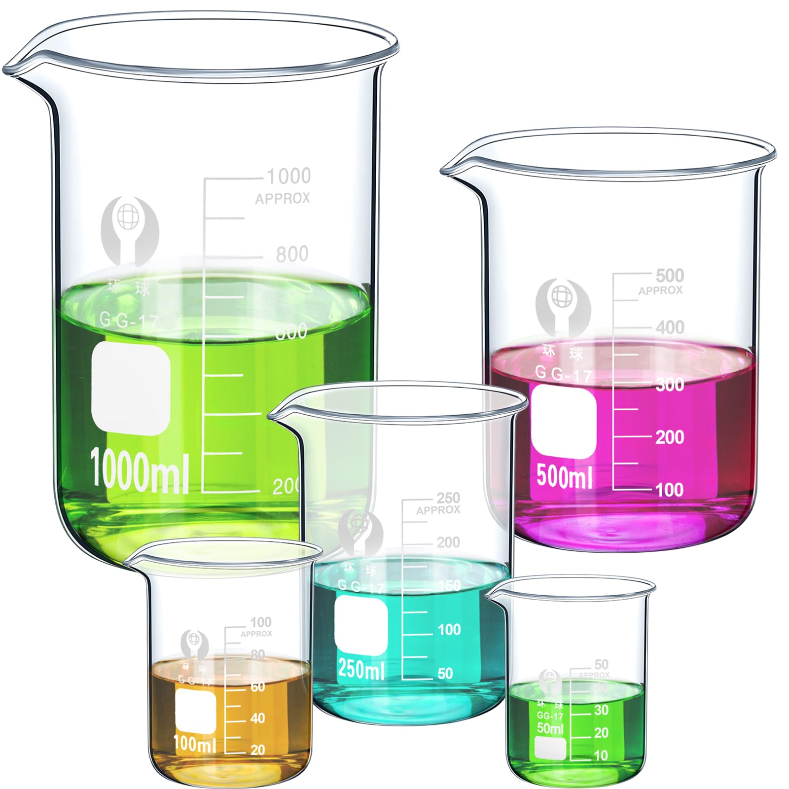 OLCANA 5 Pack Glass Beaker Set 50 ml 100 ml 250 ml 500ml 1000 ml Thick Borosilicate 3.3 Glass Graduated Measuring Lab Beaker Low Form Griffin 1L Big Glass Beaker