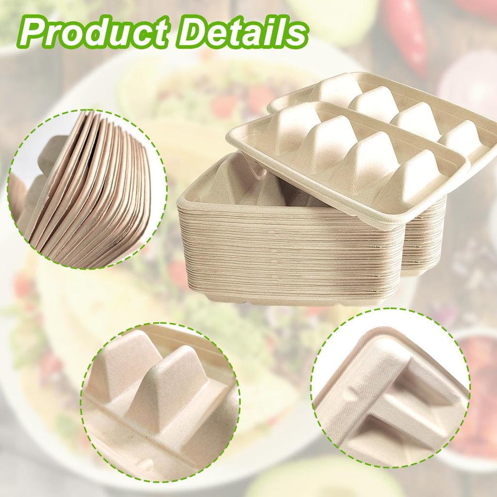 100PCS Disposable Taco Holder Stand,Disposable Taco Plates with 3 Dividers Stylish Rack Holds Up to 3 Tacos Each,Fiesta Holder for Taco Tuesday Lazy Susan Taco Bar,Food Serving Tray- Microwave Safe