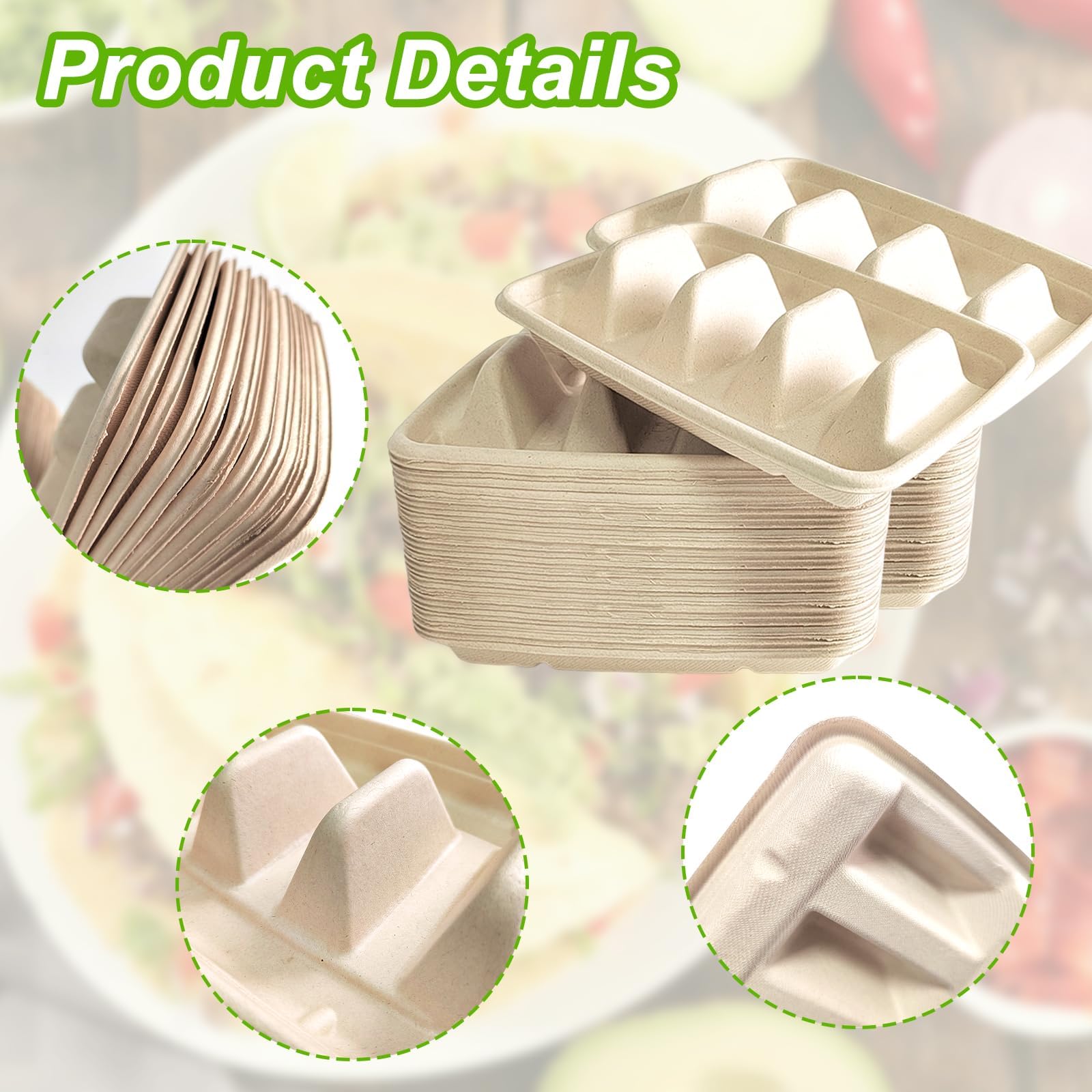 100PCS Disposable Taco Holder Stand,Disposable Taco Plates with 3 Dividers Stylish Rack Holds Up to 3 Tacos Each,Fiesta Holder for Taco Tuesday Lazy Susan Taco Bar,Food Serving Tray- Microwave Safe