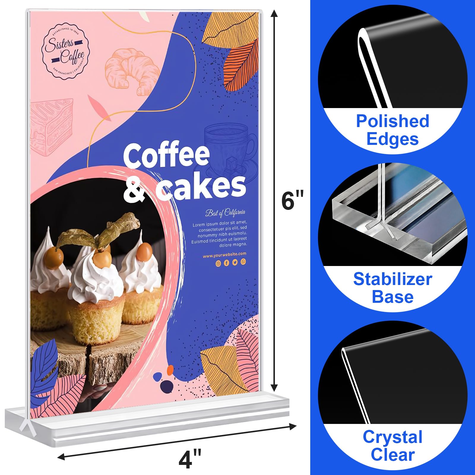 Acrylic Sign Holder 4x6 Inches 6 Pack, Double Sided Clear Display Stand Table Top Sign Paper Holder, Vertical Menu Flyer Holder, Plastic Sign Frame for Stores, Restaurants, Hotels, Office (Vertical 4x6 Inch 6 Pack)
