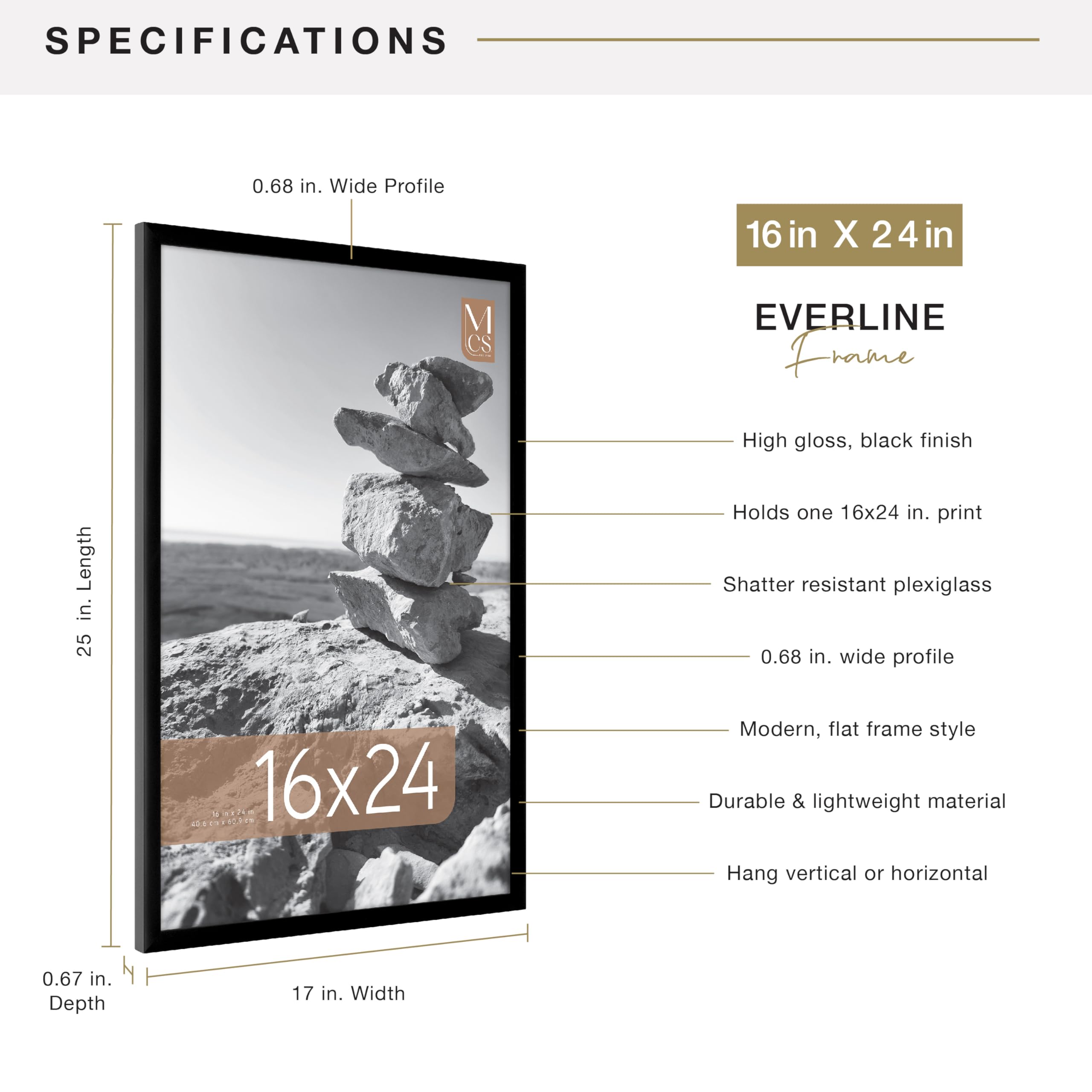 MCS Everline Collection 16x24 Poster Frame Black, Vertical & Horizontal Wall Hanging Large Picture Frame for Photos, Posters & Art Prints (1-Pack)