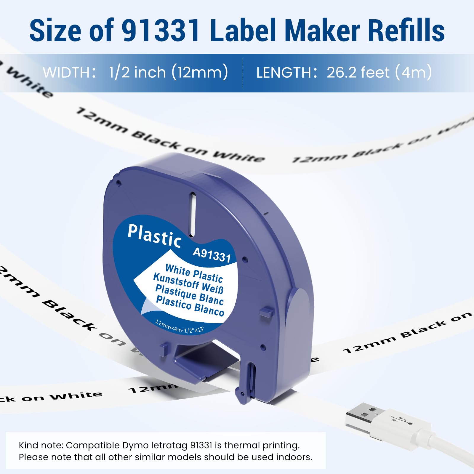 Compatible with Dymo LetraTag Refills Plastic White 91331 12mm x 4m LT Label Tape for DYMO Letra Tag LT-100H LT-100T Plus 200b QX50 Label Maker, 5-Pack,1/2'' x 13'