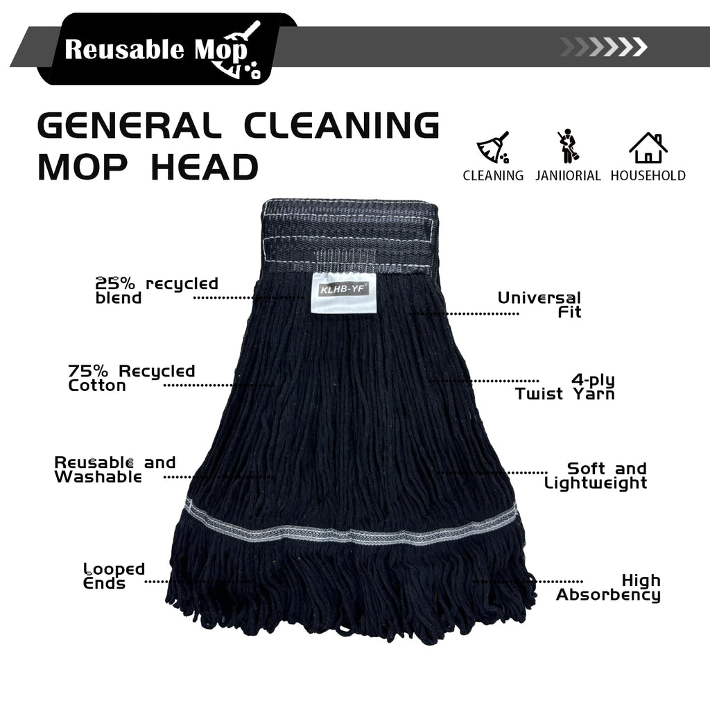 KLHB-YF 21 oz Thick Looped End Black Mop Heads - Heavy Duty Thick Black Replacement Mop Heads Cotton Washable Industrial mop Heads Heavy Duty for Commercial & Home Cleaning