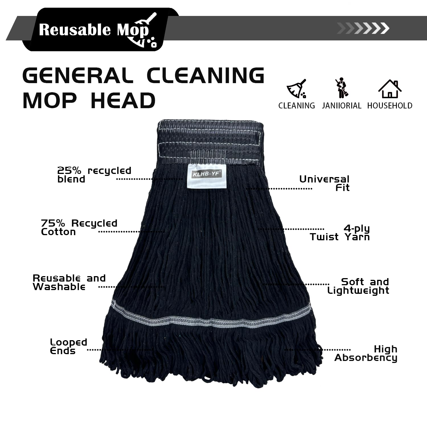 KLHB-YF 21 oz Thick Looped End Black Mop Heads - Heavy Duty Thick Black Replacement Mop Heads Cotton Washable Industrial mop Heads Heavy Duty for Commercial & Home Cleaning