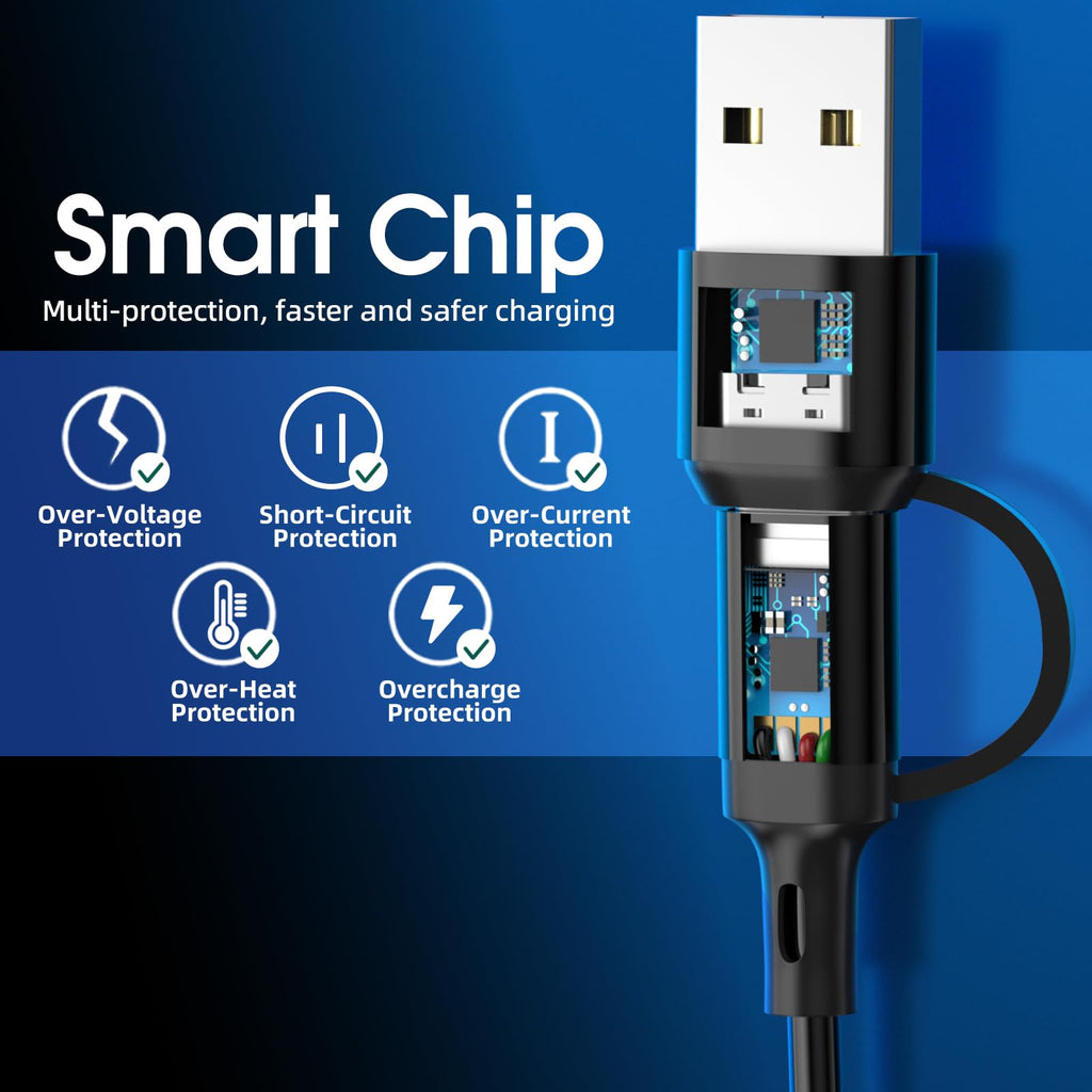 6 in 1 Multi Charging Cable [3Pack 4FT] Nylon Braided Multi Fast Charging Cord USB A/C to Phone USB C/Micro USB/i-P Connector Universal Multiple Phone Charger