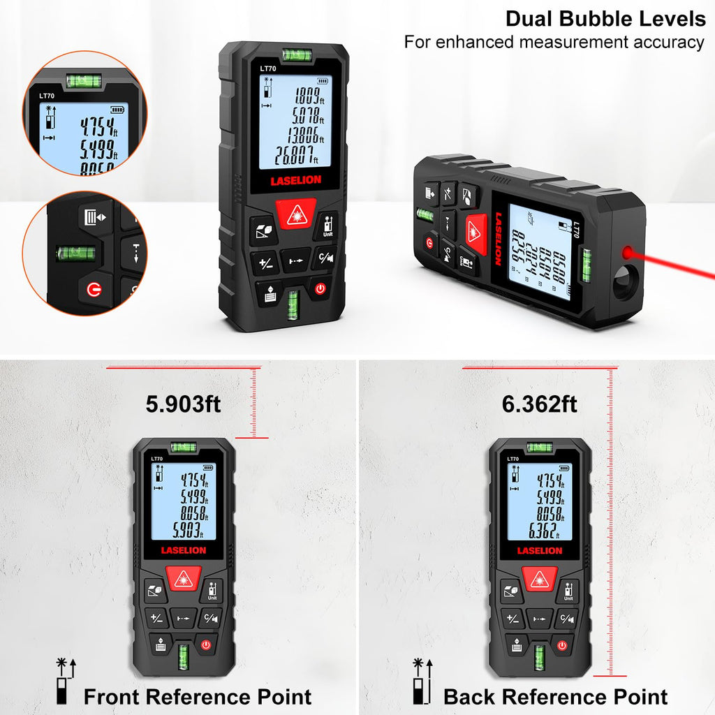 LASELION LT70 Laser Distance Meter – 70m (229ft) Range, High Accuracy, Multiple Measurement Modes, Built-in Level Bubble, and Mute Function (229ft)
