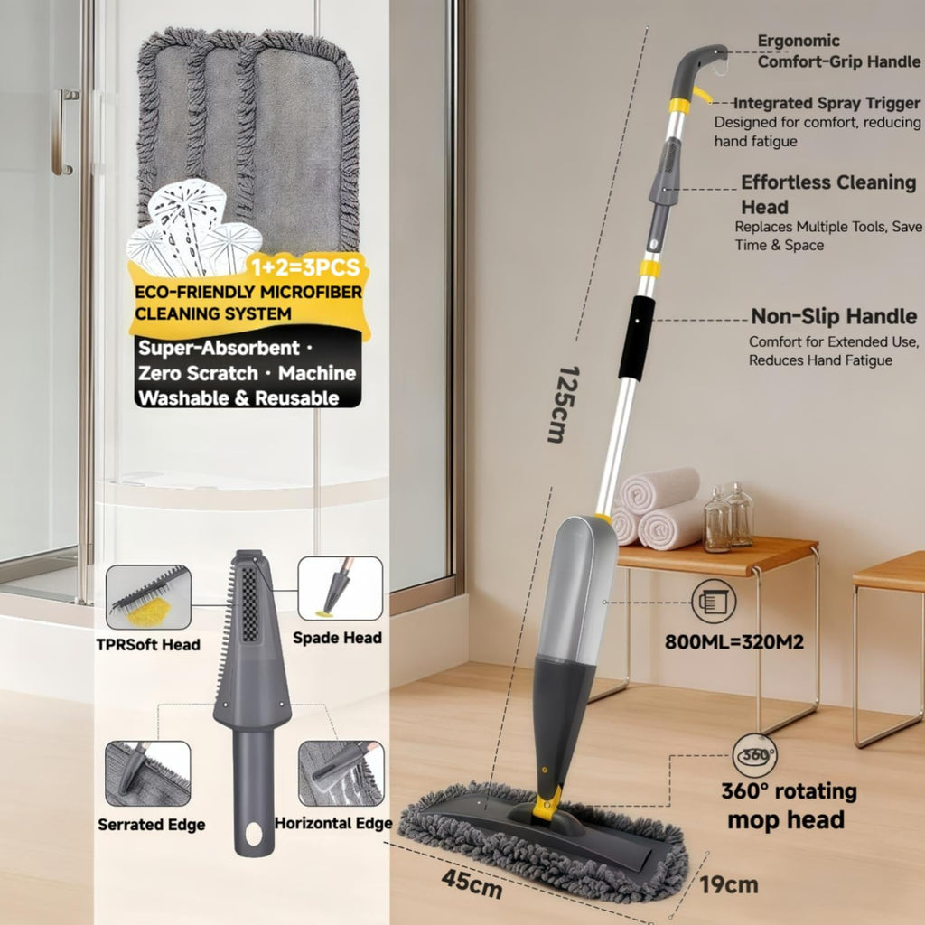 Qinsunny Washable Spray Mop for Floor Cleaning, Wet and Dry Microfiber Mop with 3 Reusable Pads & 800ml Refillable Bottle, Self-Cleaning Base for Hardwood, Laminate, Tile Floors