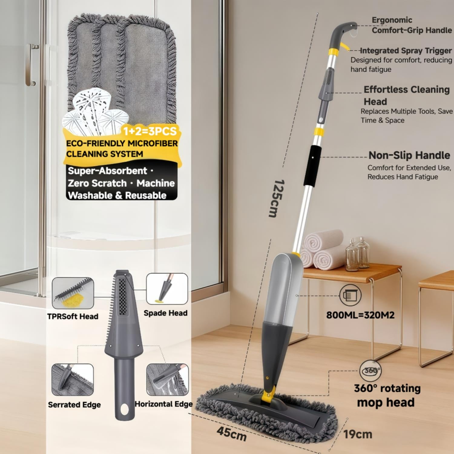 Qinsunny Washable Spray Mop for Floor Cleaning, Wet and Dry Microfiber Mop with 3 Reusable Pads & 800ml Refillable Bottle, Self-Cleaning Base for Hardwood, Laminate, Tile Floors