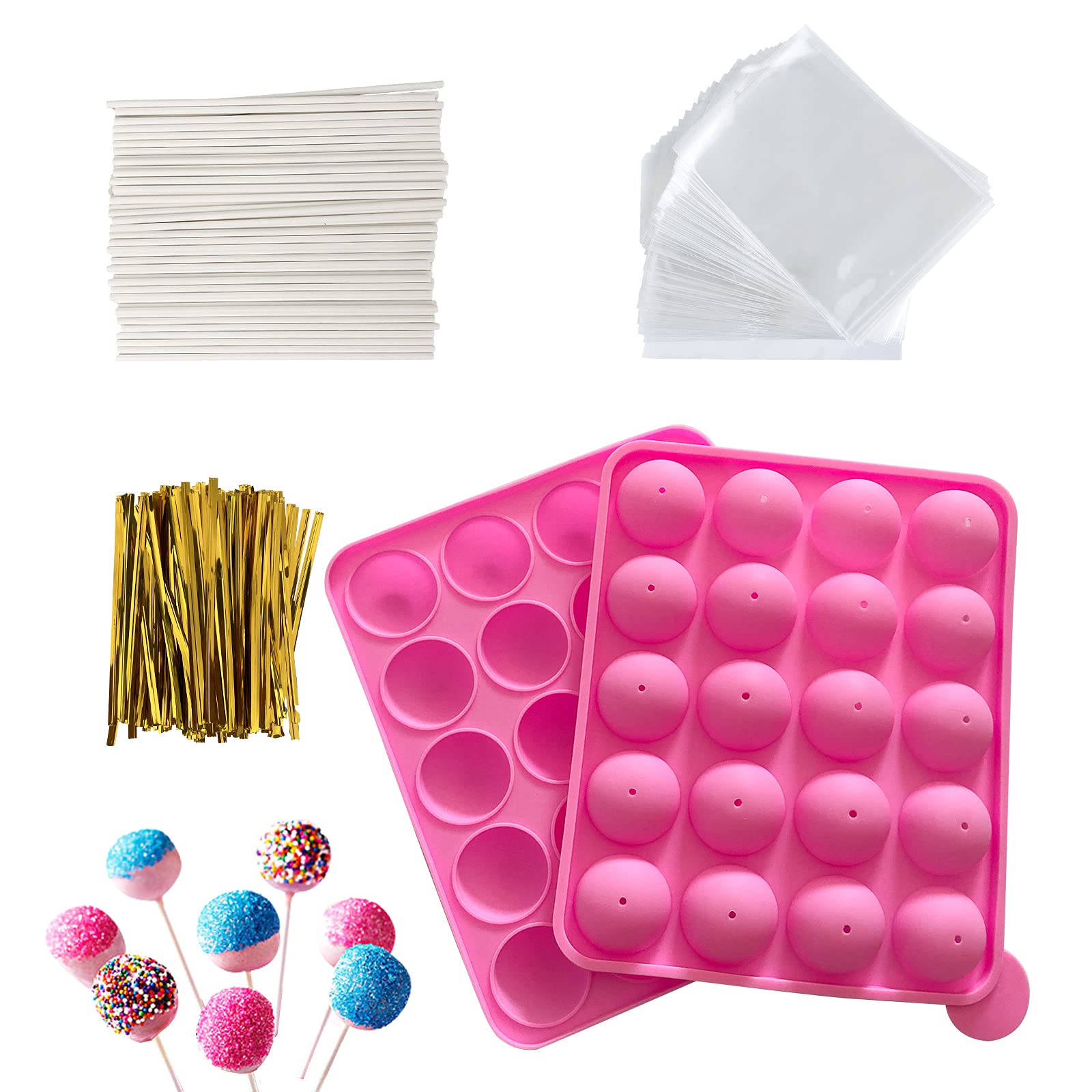 HYCSC 20 Cavity Silicone Cake Pop Mold Kit - Tray with 60pcs Sticks, Bags, Ties, Great for Lollipop and Chocolate