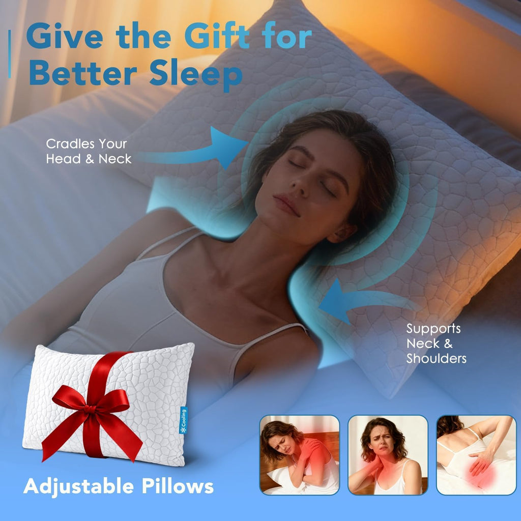 Cooling Memory Foam Pillow for Sleeping, Adjustable Shredded Memory Foam Bed Pillow, Breathable Bamboo Rayon Cover, Soft & Supportive Pillow for Side Back Stomach Sleepers, Queen Size 1-Pack