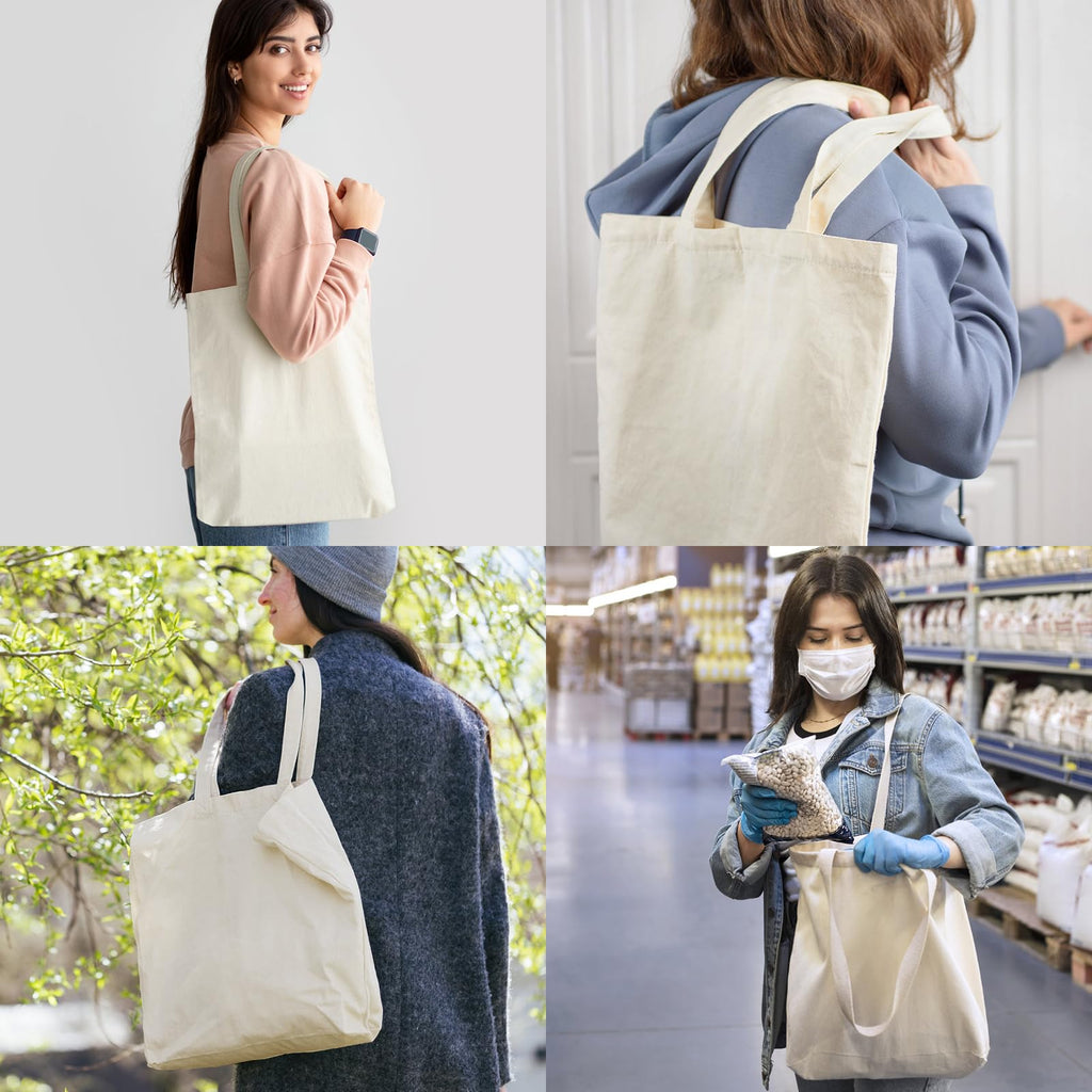 Faylapa 6 Pack Canvas Tote Bags,Heavy Duty Reusable Grocery Shopping Bag 12.2"x14.2" Blank Cotton Bags for Decorating Christmas Crafts DIY Painting (Beige)