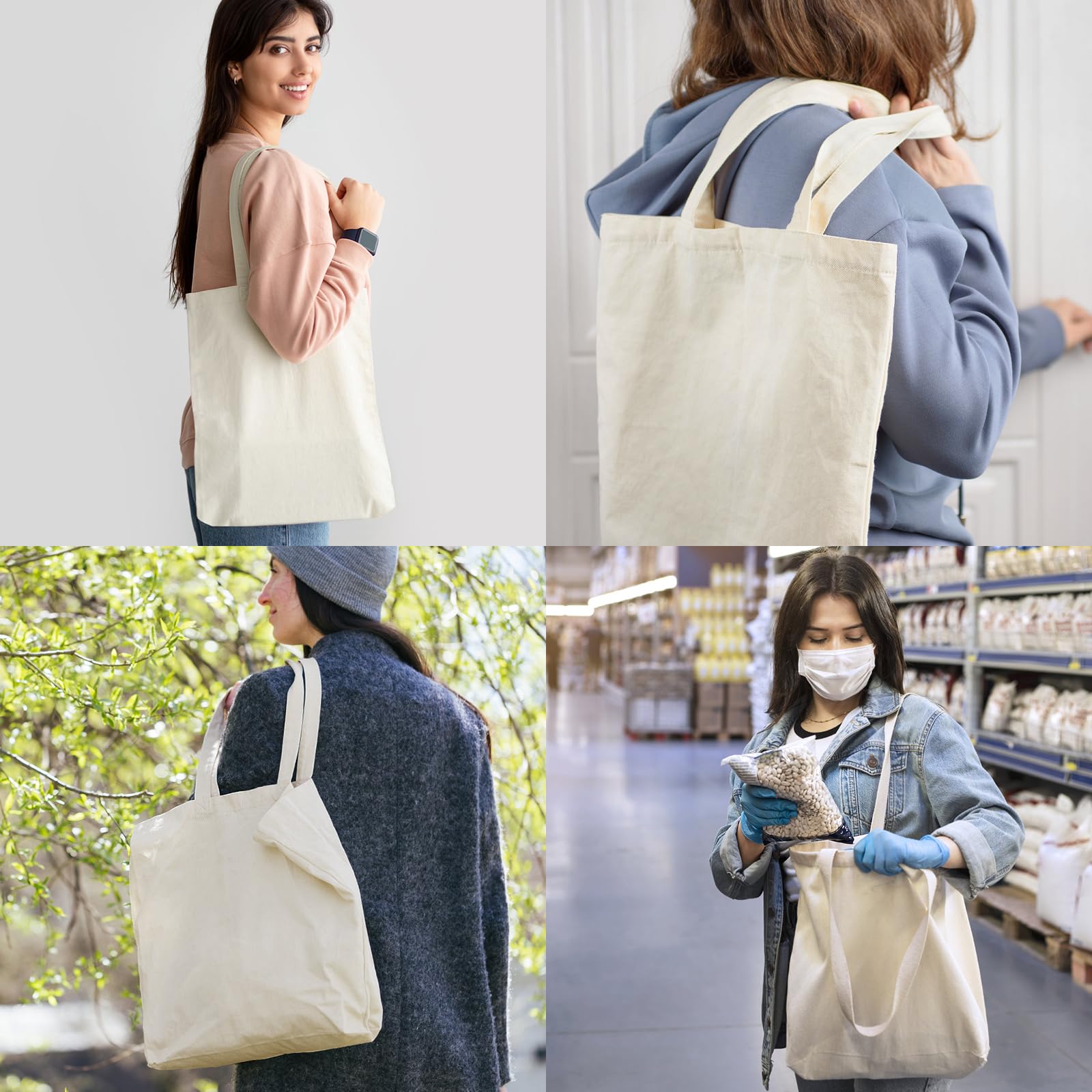 Faylapa 6 Pack Canvas Tote Bags,Heavy Duty Reusable Grocery Shopping Bag 12.2"x14.2" Blank Cotton Bags for Decorating Christmas Crafts DIY Painting (Beige)
