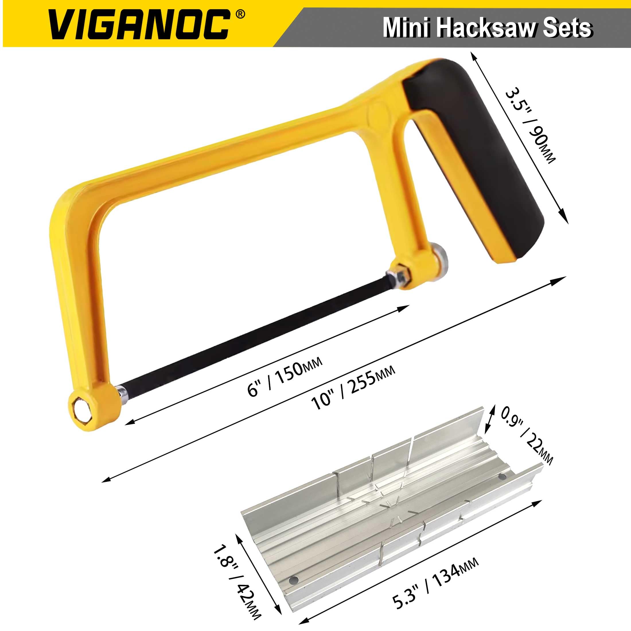 Viganoc 6-inch Mini Hacksaw and Miter Block Set - 150 mm Cutting Hand Saw with 5Pc Bi-Metal Blades