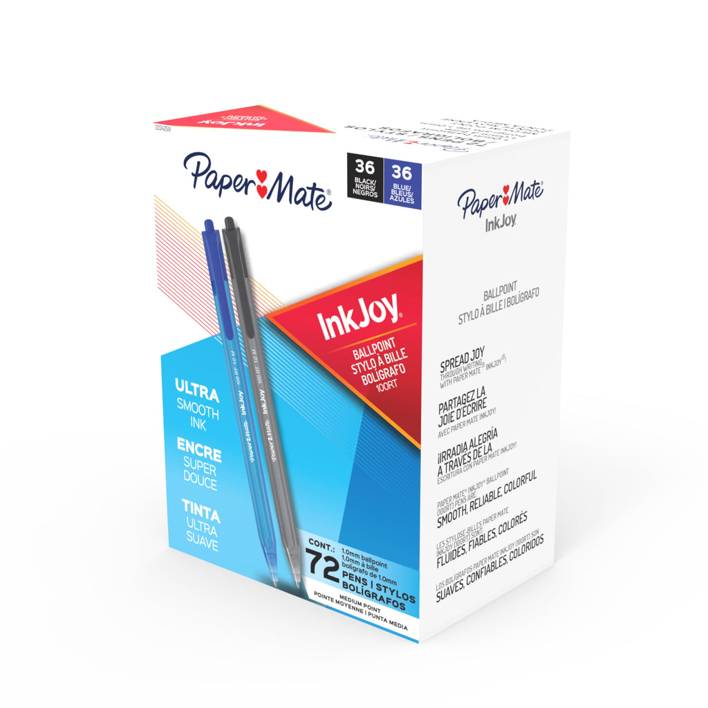 Paper Mate InkJoy 100RT Ballpoint Pens, Medium Point (1.0mm), Black and Blue Ink, 72 Count