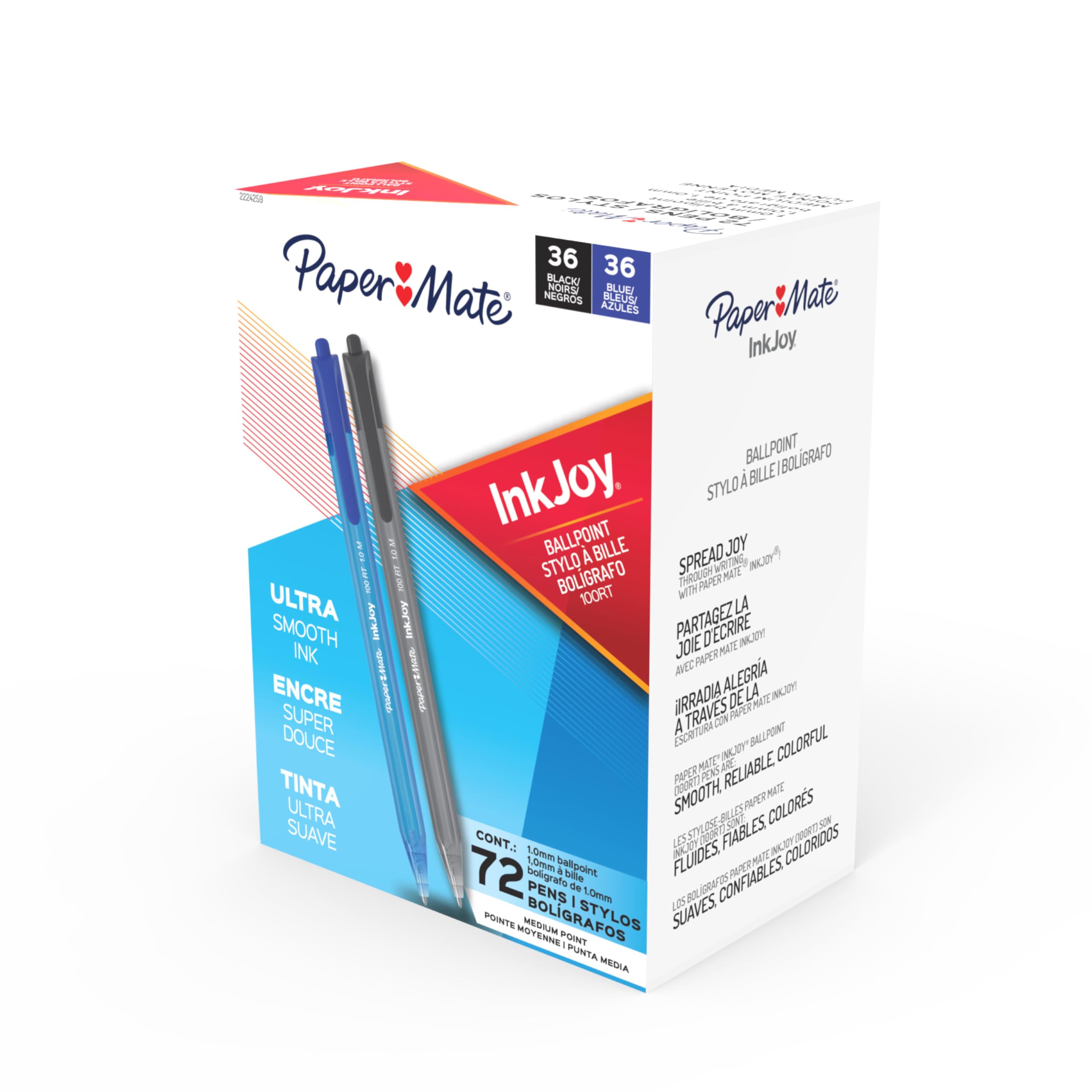 Paper Mate InkJoy 100RT Ballpoint Pens, Medium Point (1.0mm), Black and Blue Ink, 72 Count