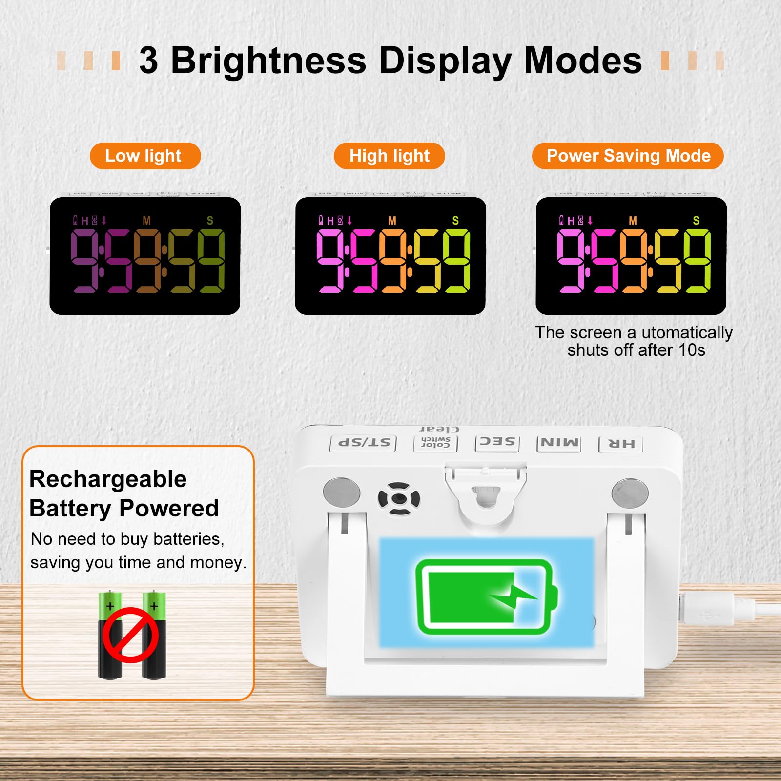 Kitchen Timer for Cooking, 10 RGB Color Changing Digital Magnetic Timer, Countdown/Up, Rechargeabilit, 3 Brightness Display, 3 Volume Levels and Vibration Mode, for Classroom, Home, Study, Fitness