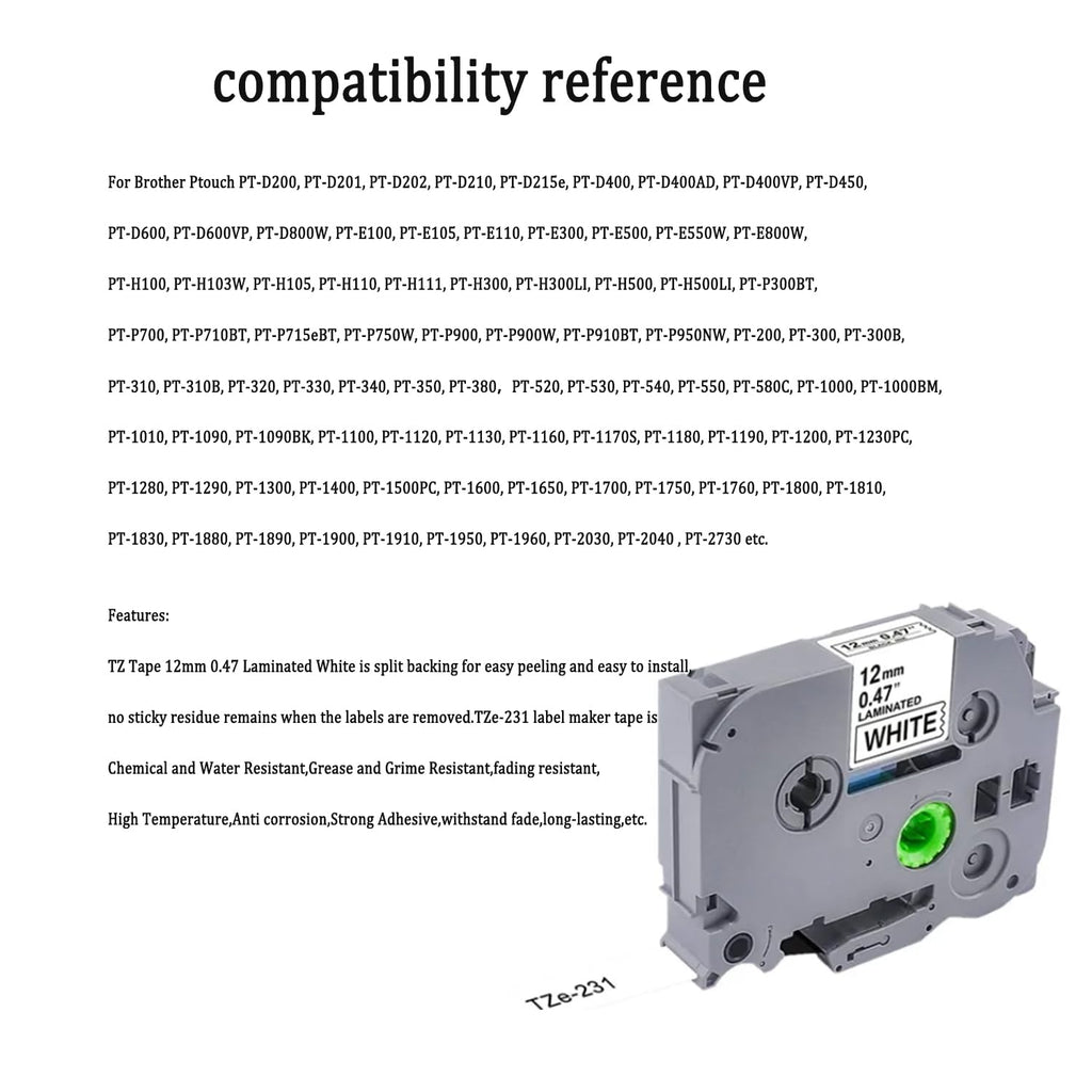 5 Pack Label Tape Replacement for Brother TZe-231 TZ-231 TZe231 Tz 1/2" 12mm,Laminated Black on White 0.47" for pTouch Printer PT-D400 PT-D210 PT-D200 PT-D600 PT-1890 PT-H110 Label Maker