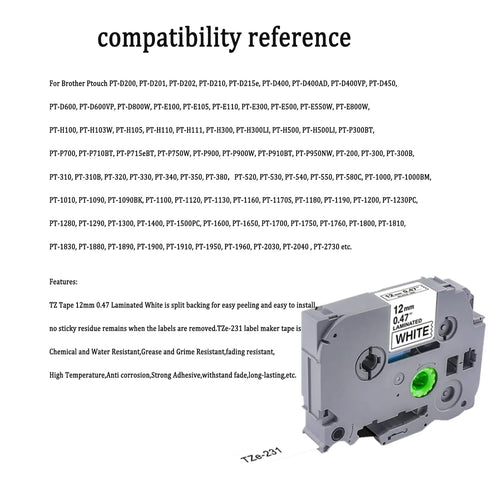5 Pack Label Tape Replacement for Brother TZe-231 TZ-231 TZe231 Tz 1/2" 12mm,Laminated Black on White 0.47" for pTouch Printer PT-D400 PT-D210 PT-D200 PT-D600 PT-1890 PT-H110 Label Maker